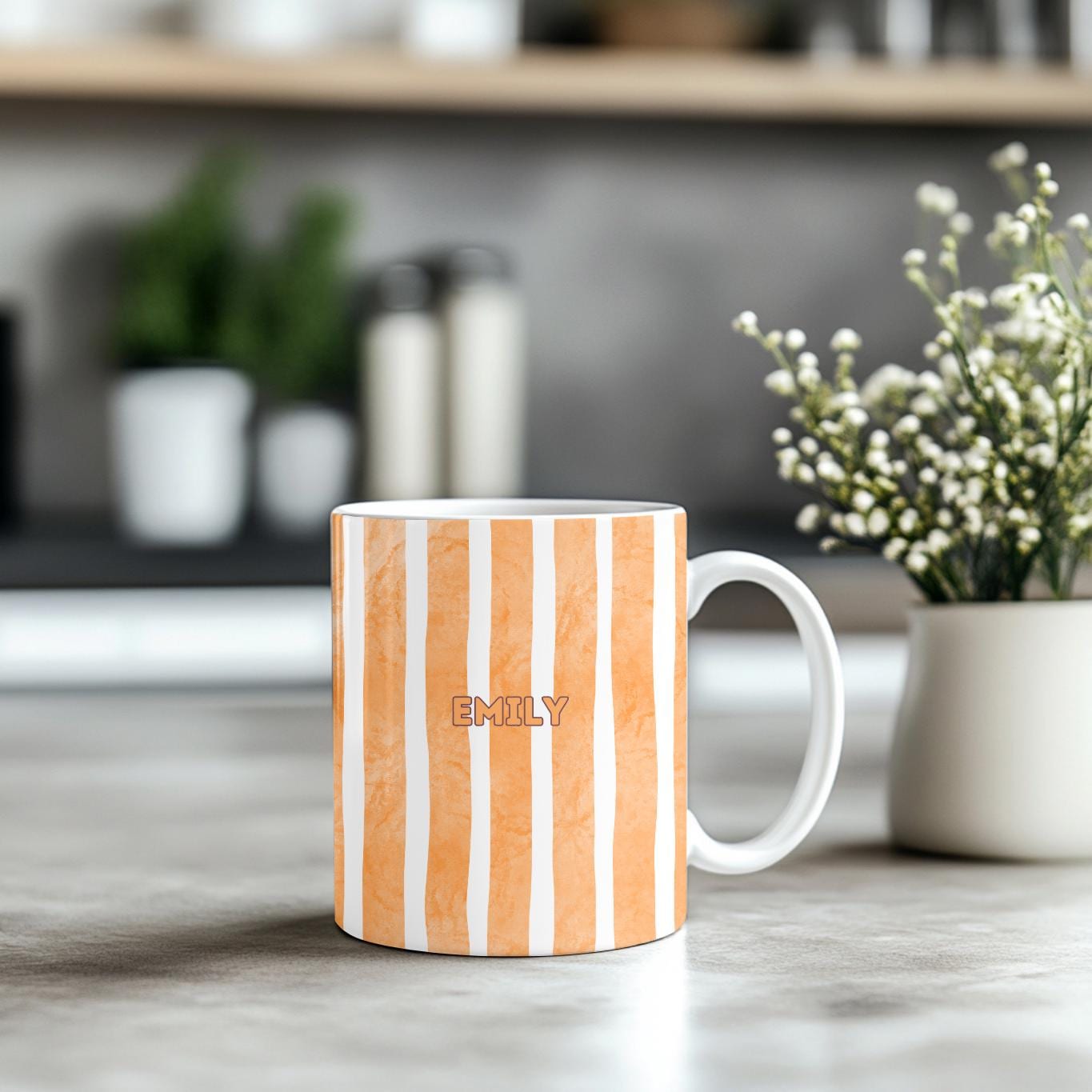 Personalized Striped Mug: Custom Name Watercolor Ceramic Coffee Cup, Minimalist Aesthetic Gift for Her, Striped Pottery Style Mug