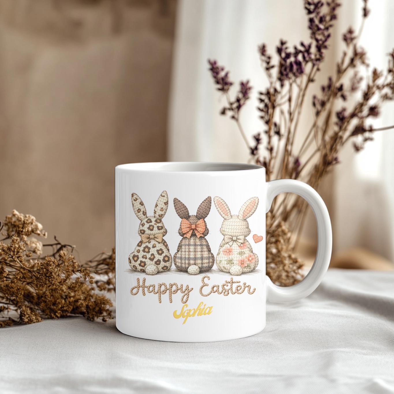 Personalized Easter Mug: Custom Name Bunny Coffee Cup, Leopard Floral Bunny Gift, Easter Basket Stuffer