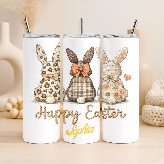 Personalized Easter Bunny Tumbler: Custom Name 20oz Skinny Tumbler, Crochet Bunny Travel Mug, Easter Gift for Kids