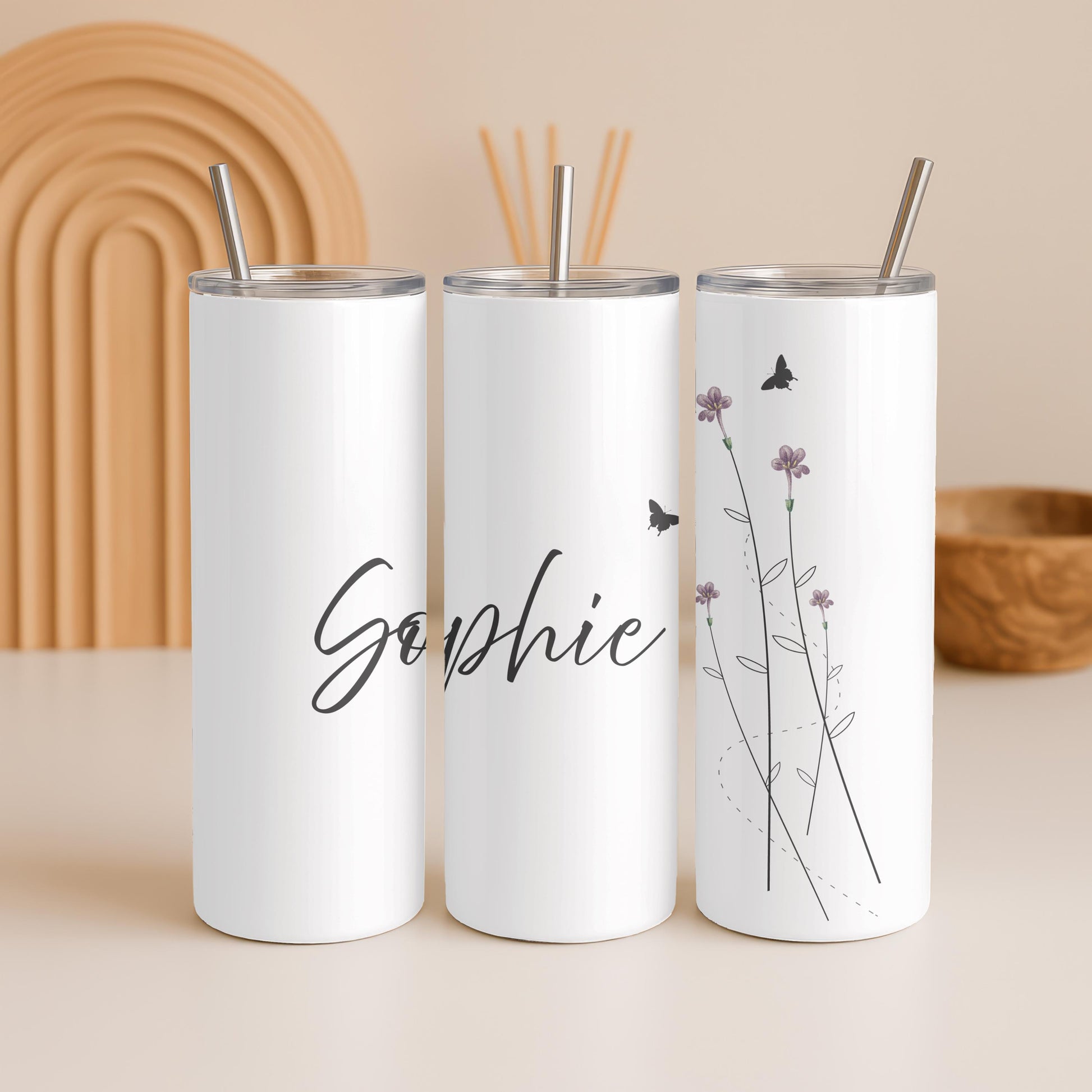Personalized Floral Tumbler: Custom Name 20oz Skinny Tumbler, Butterfly Wildflower Travel Mug, Minimalist Gift for Her