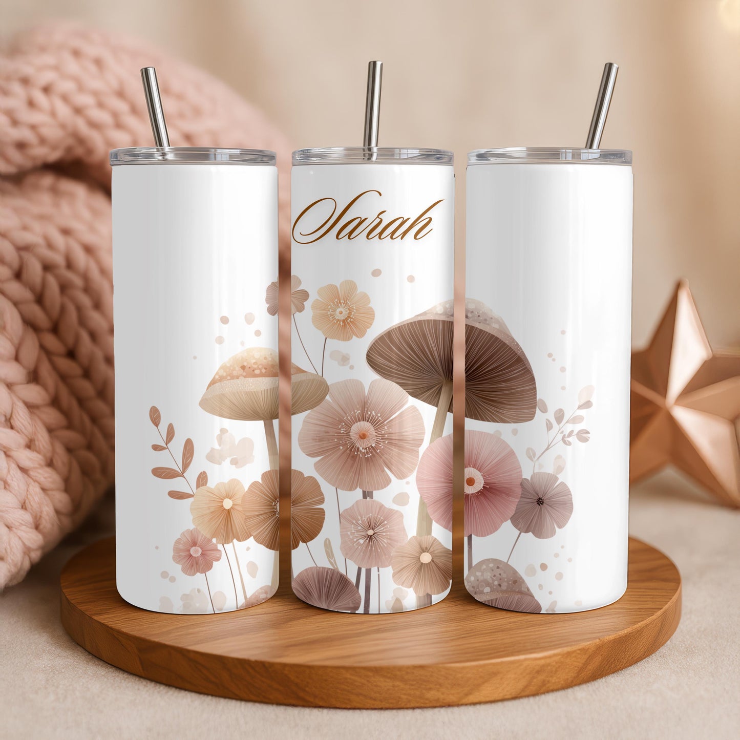 Personalized Mushroom Tumbler: Custom Name 20oz Skinny Tumbler, Boho Cottagecore Floral Travel Mug