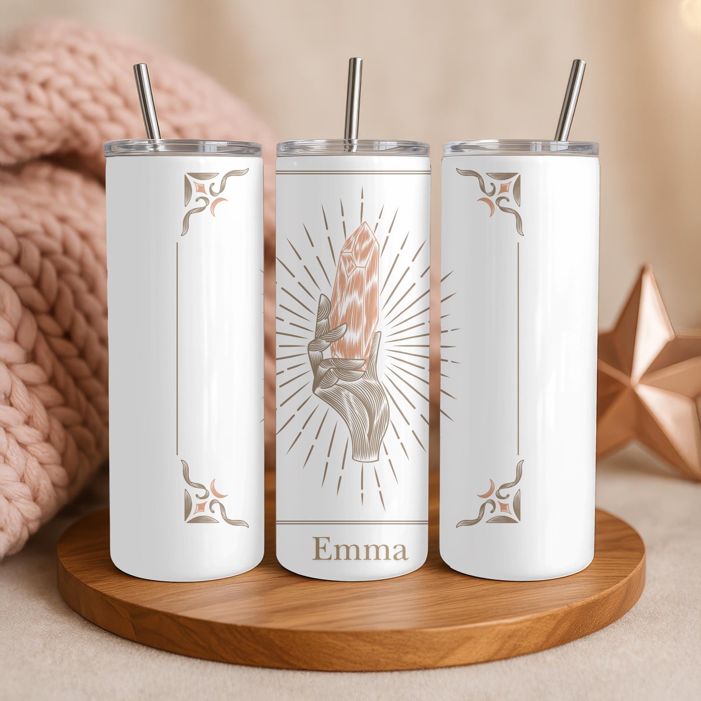Personalized Crystal Tumbler: Custom Name 20oz Skinny Tumbler, Boho Witchy Gift, Spiritual Manifestation Cup