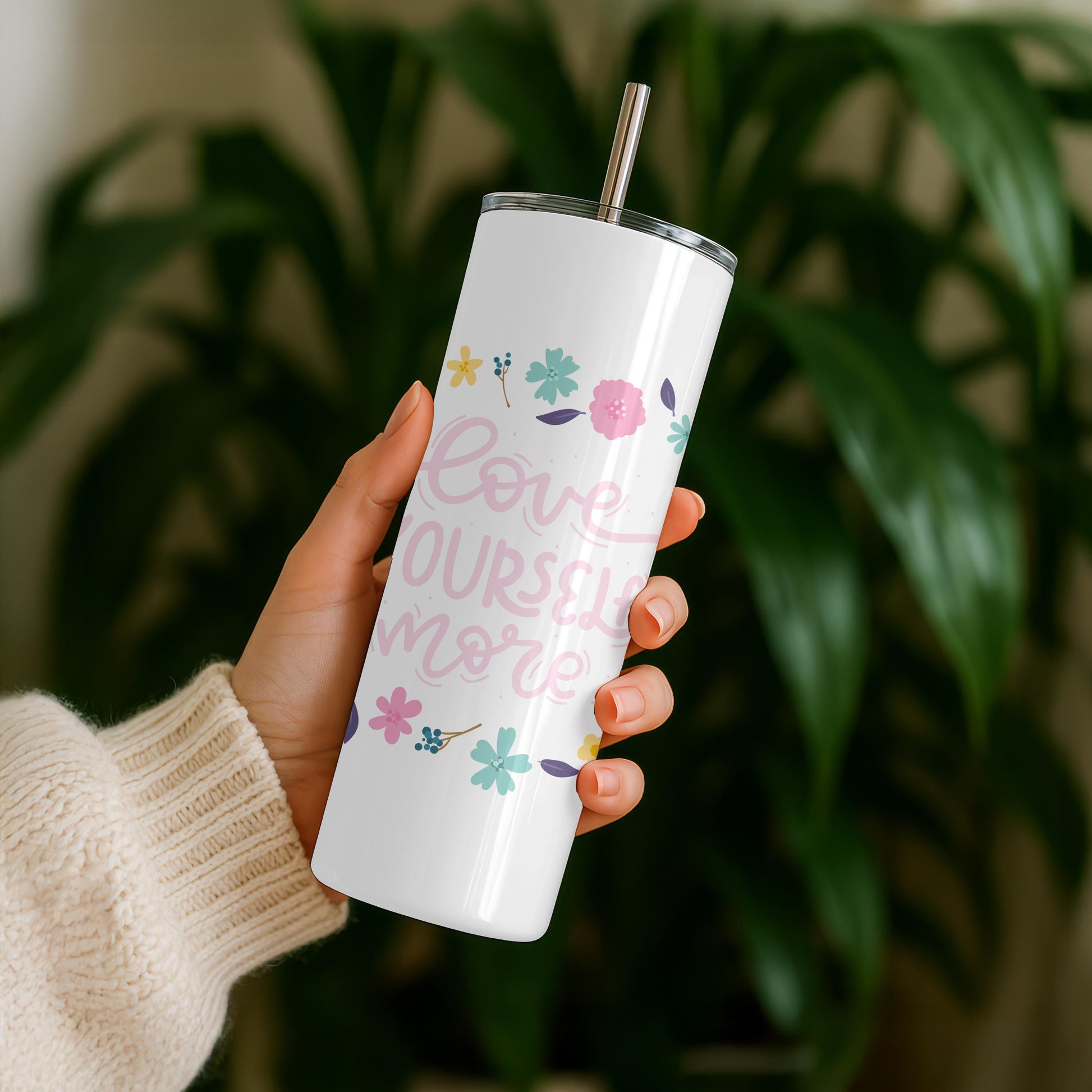 Self Care Gift Tumbler: Love Yourself More 20oz Skinny Tumbler, Inspirational Floral Travel Mug, Mental Health Awareness Gift