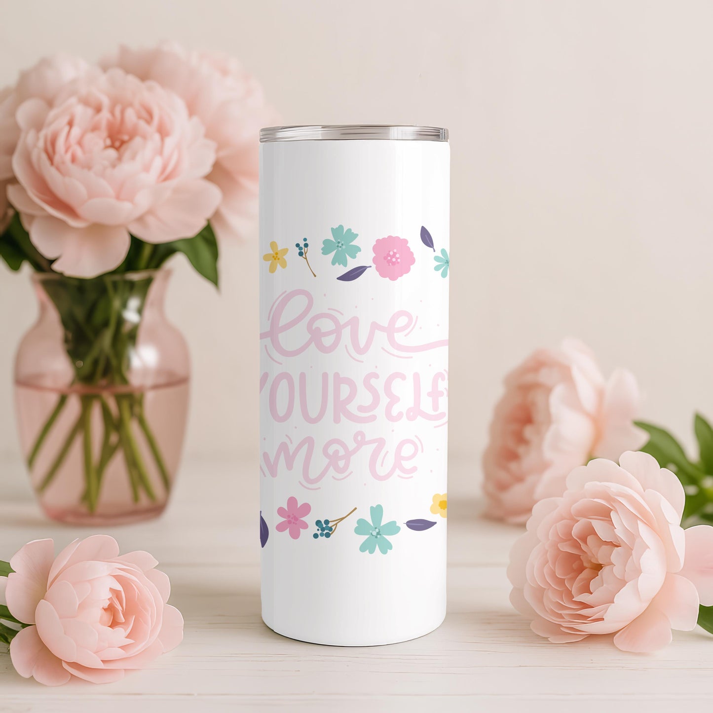 Self Care Gift Tumbler: Love Yourself More 20oz Skinny Tumbler, Inspirational Floral Travel Mug, Mental Health Awareness Gift