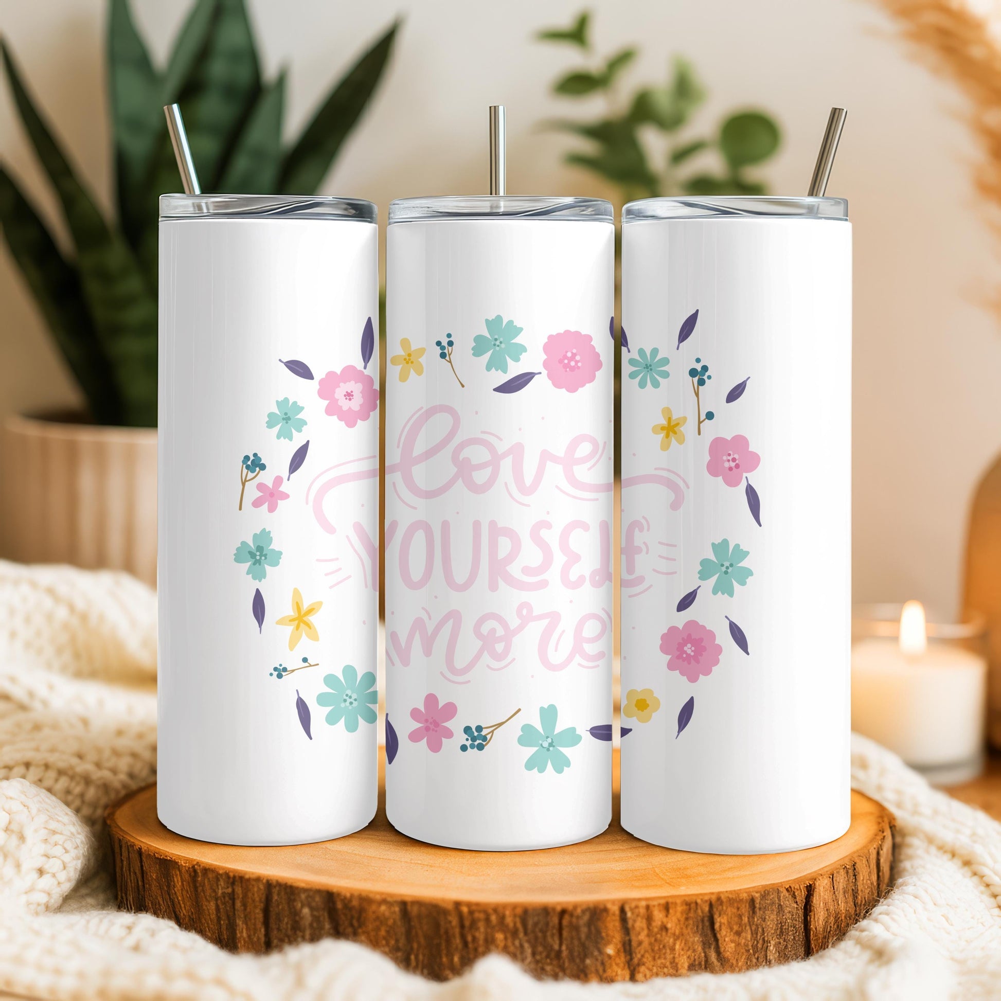 Self Care Gift Tumbler: Love Yourself More 20oz Skinny Tumbler, Inspirational Floral Travel Mug, Mental Health Awareness Gift