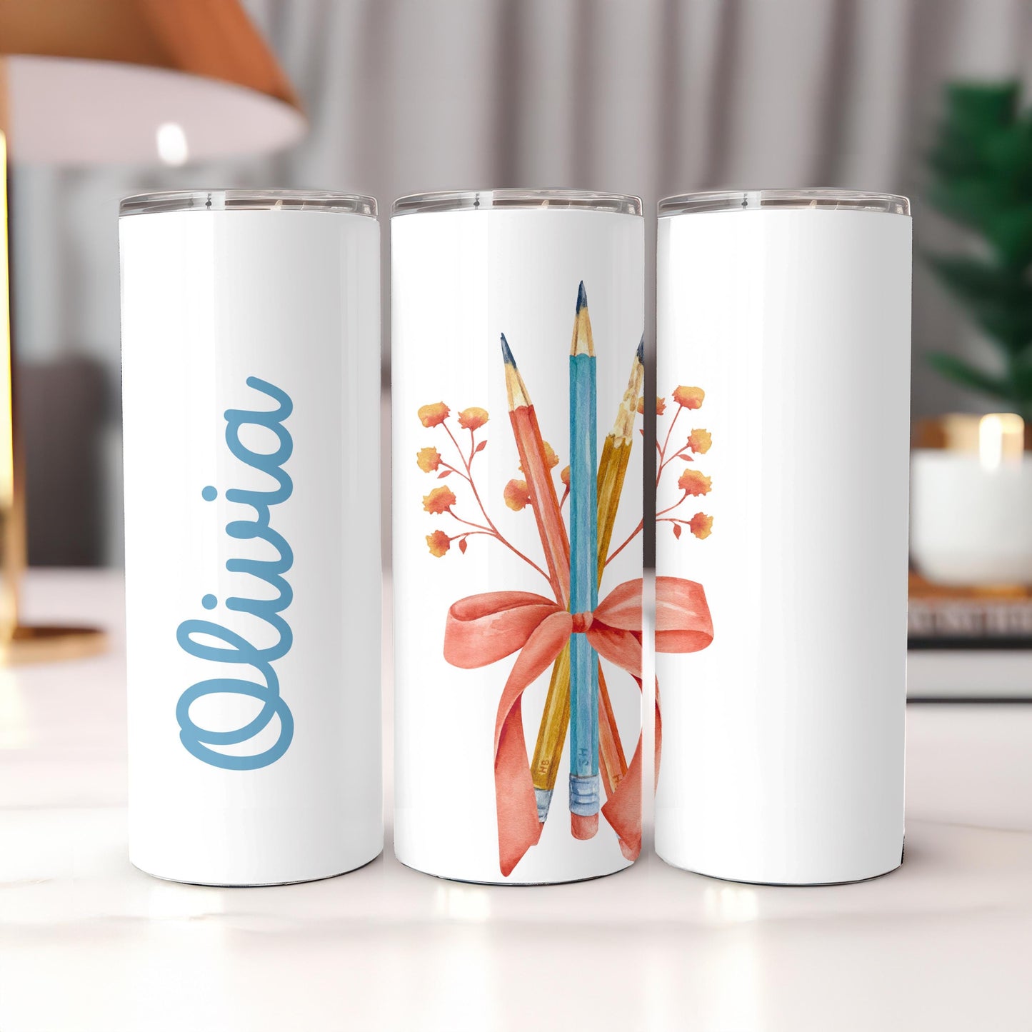 Personalized Teacher Tumbler 20oz Skinny Tumbler: Watercolor Pencil Travel Mug, Teacher Appreciation Gift