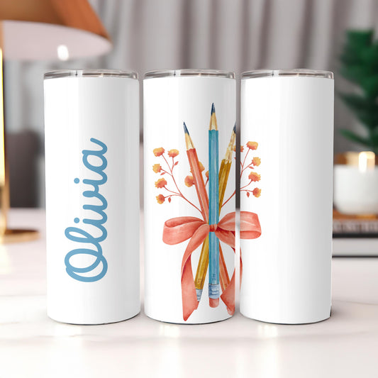 Personalized Teacher Tumbler 20oz Skinny Tumbler: Watercolor Pencil Travel Mug, Teacher Appreciation Gift