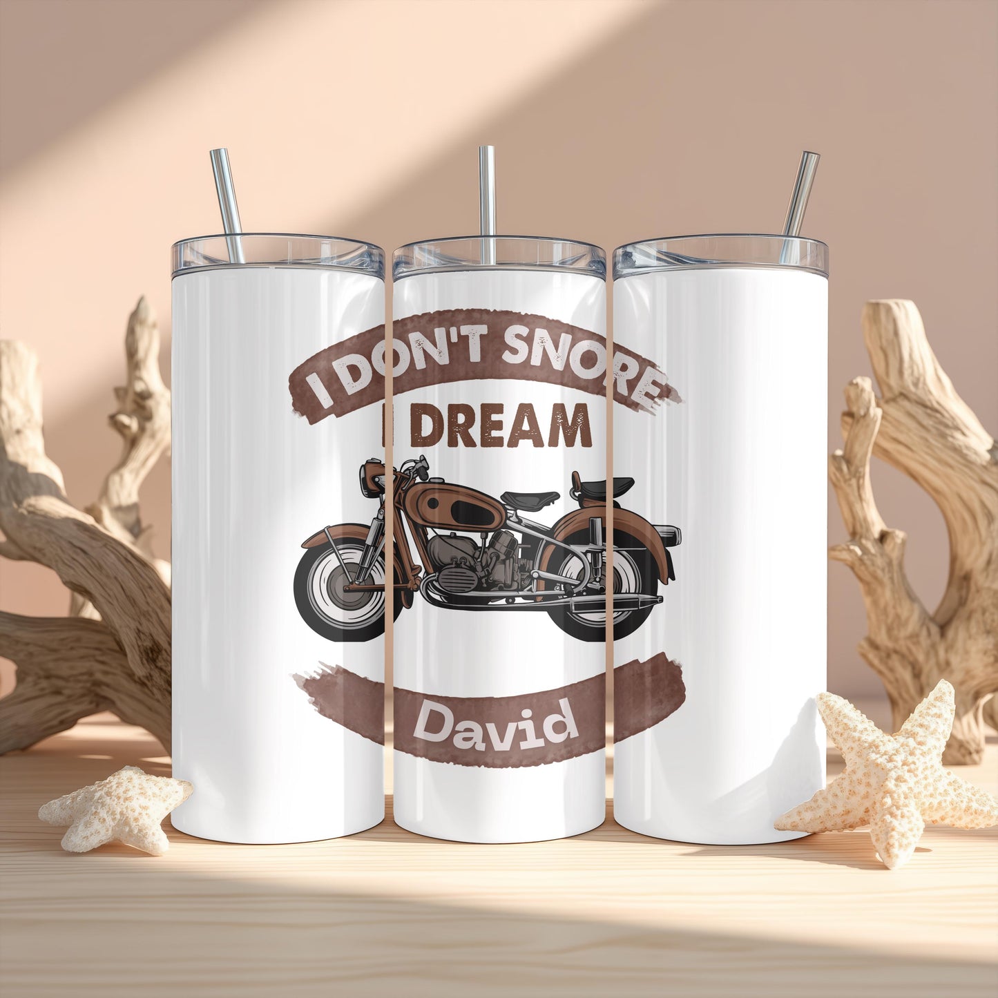 Personalized Funny Motorcycle Biker Gift for Men, Custom Name 20oz Skinny Tumbler, I Don't Snore I Dream Vintage Travel Mug