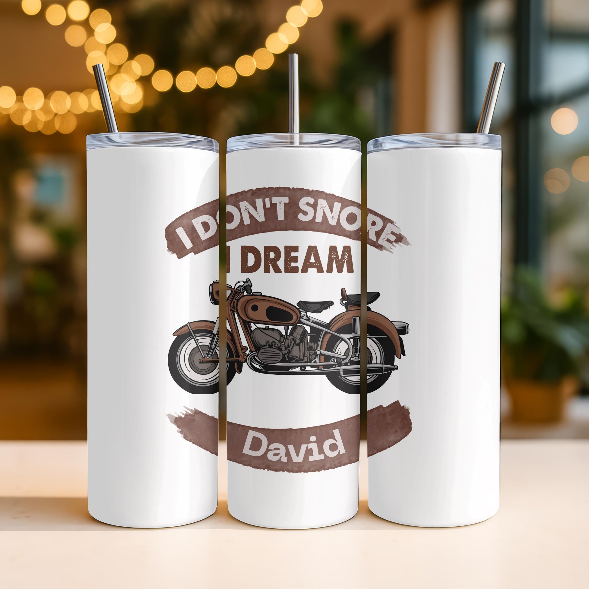 Personalized Funny Motorcycle Biker Gift for Men, Custom Name 20oz Skinny Tumbler, I Don't Snore I Dream Vintage Travel Mug