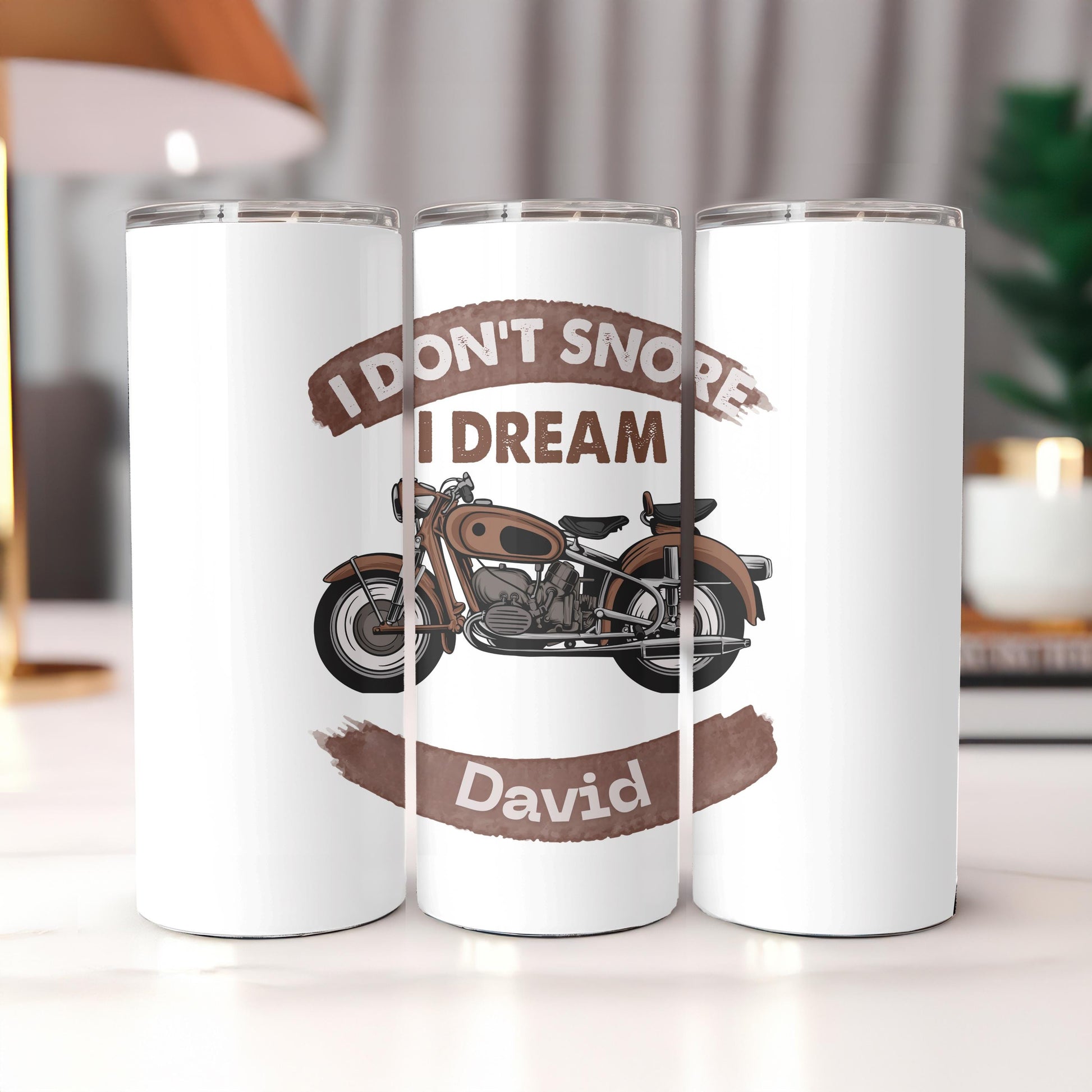Personalized Funny Motorcycle Biker Gift for Men, Custom Name 20oz Skinny Tumbler, I Don't Snore I Dream Vintage Travel Mug