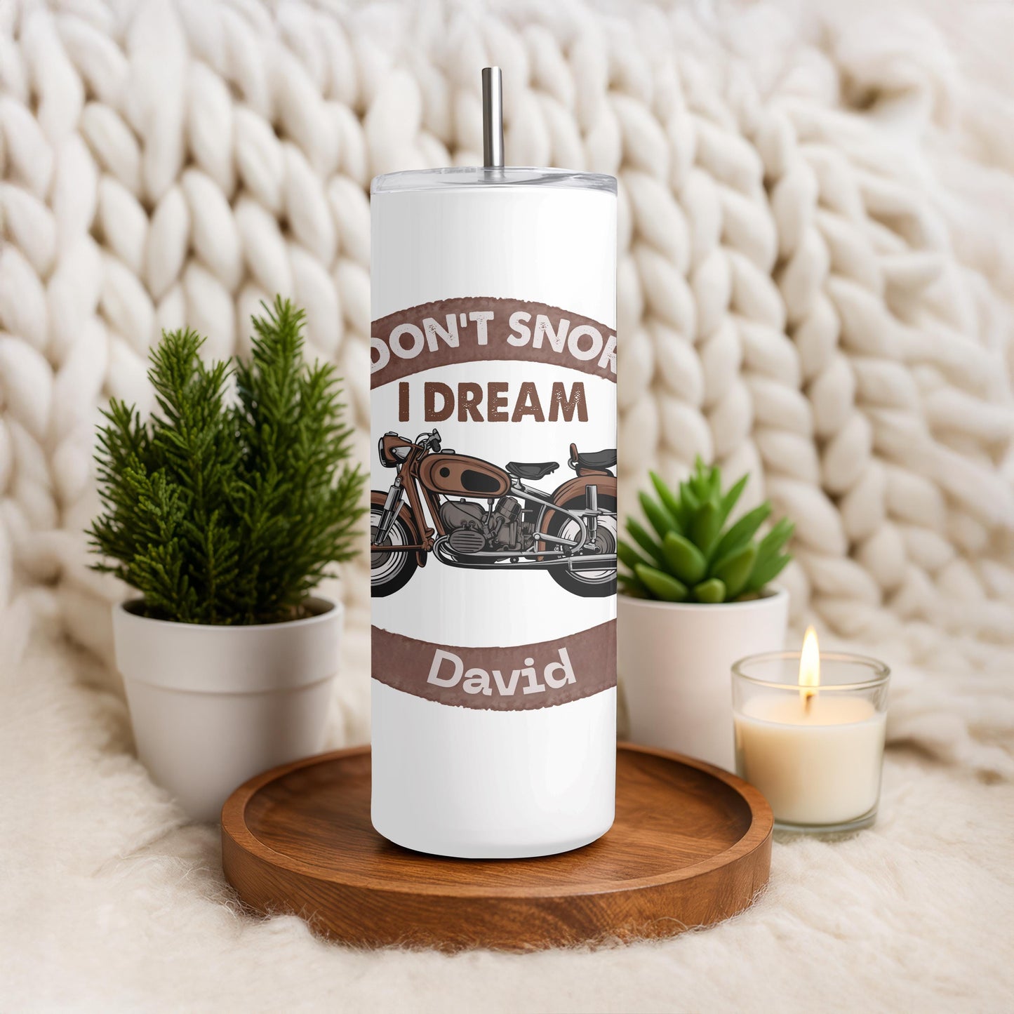 Personalized Funny Motorcycle Biker Gift for Men, Custom Name 20oz Skinny Tumbler, I Don't Snore I Dream Vintage Travel Mug