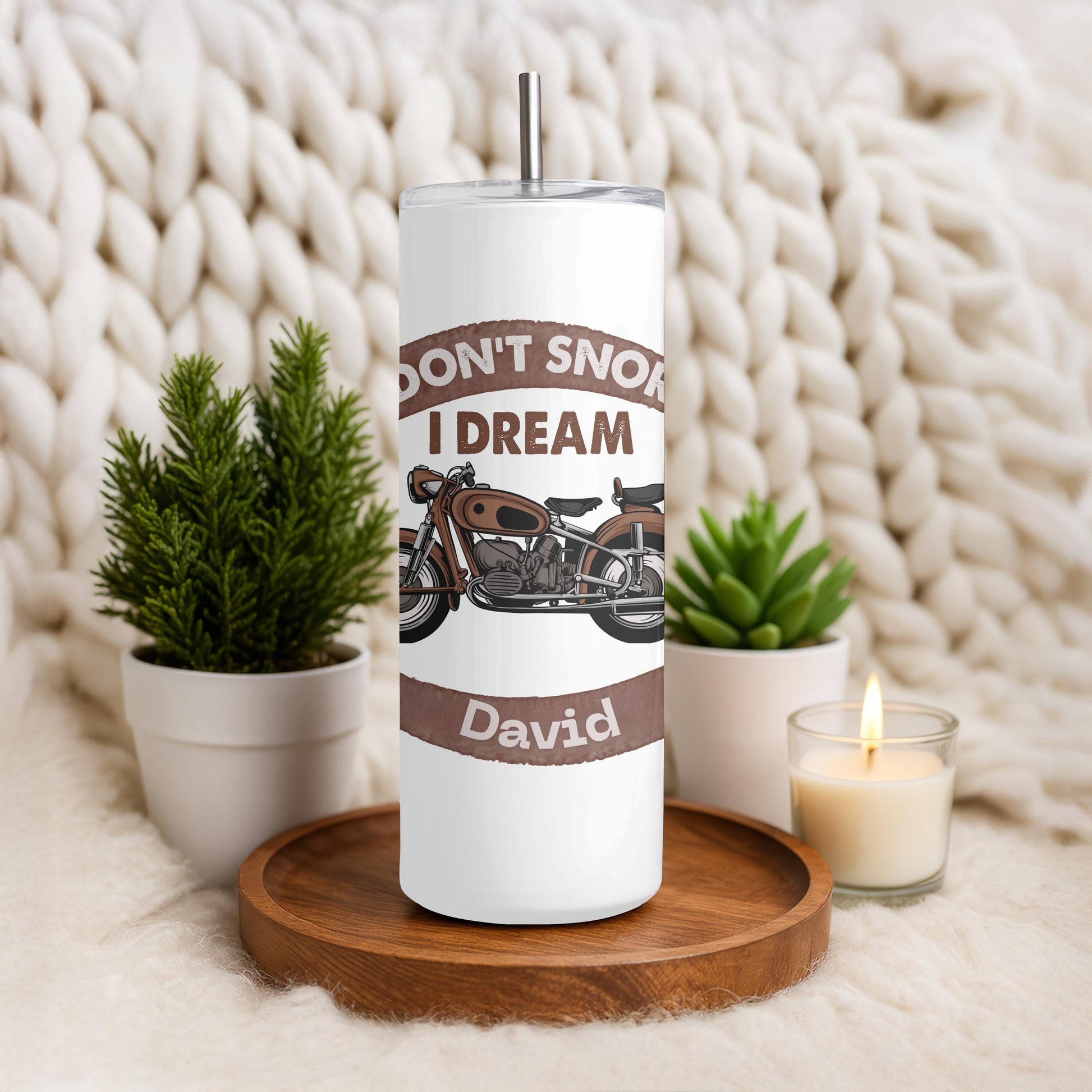 Personalized Funny Motorcycle Biker Gift for Men, Custom Name 20oz Skinny Tumbler, I Don't Snore I Dream Vintage Travel Mug