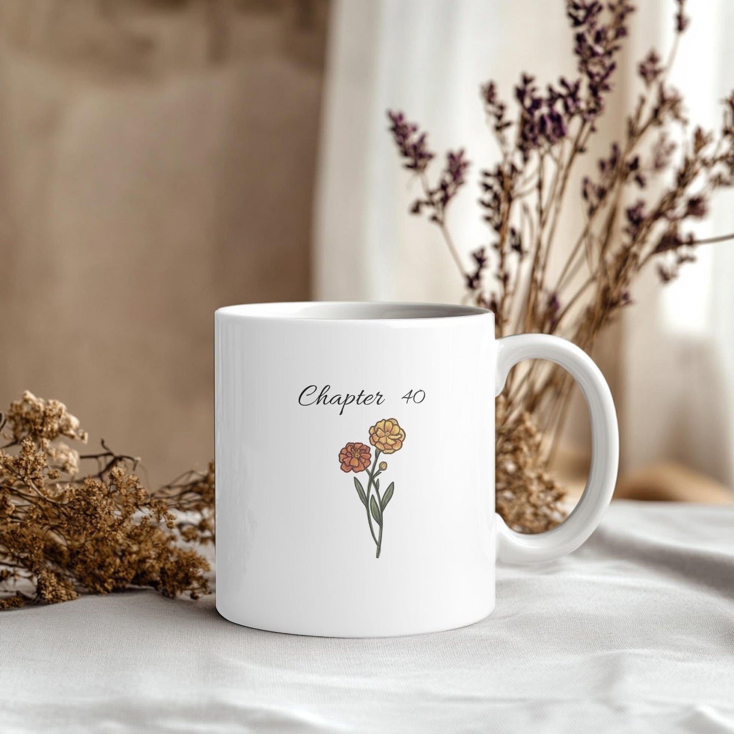 Chapter 40 Floral Birthday Mug, Custom Birth Month Flower Gift, Personalized 40th Birthday Cup, Birthday Gift for Her