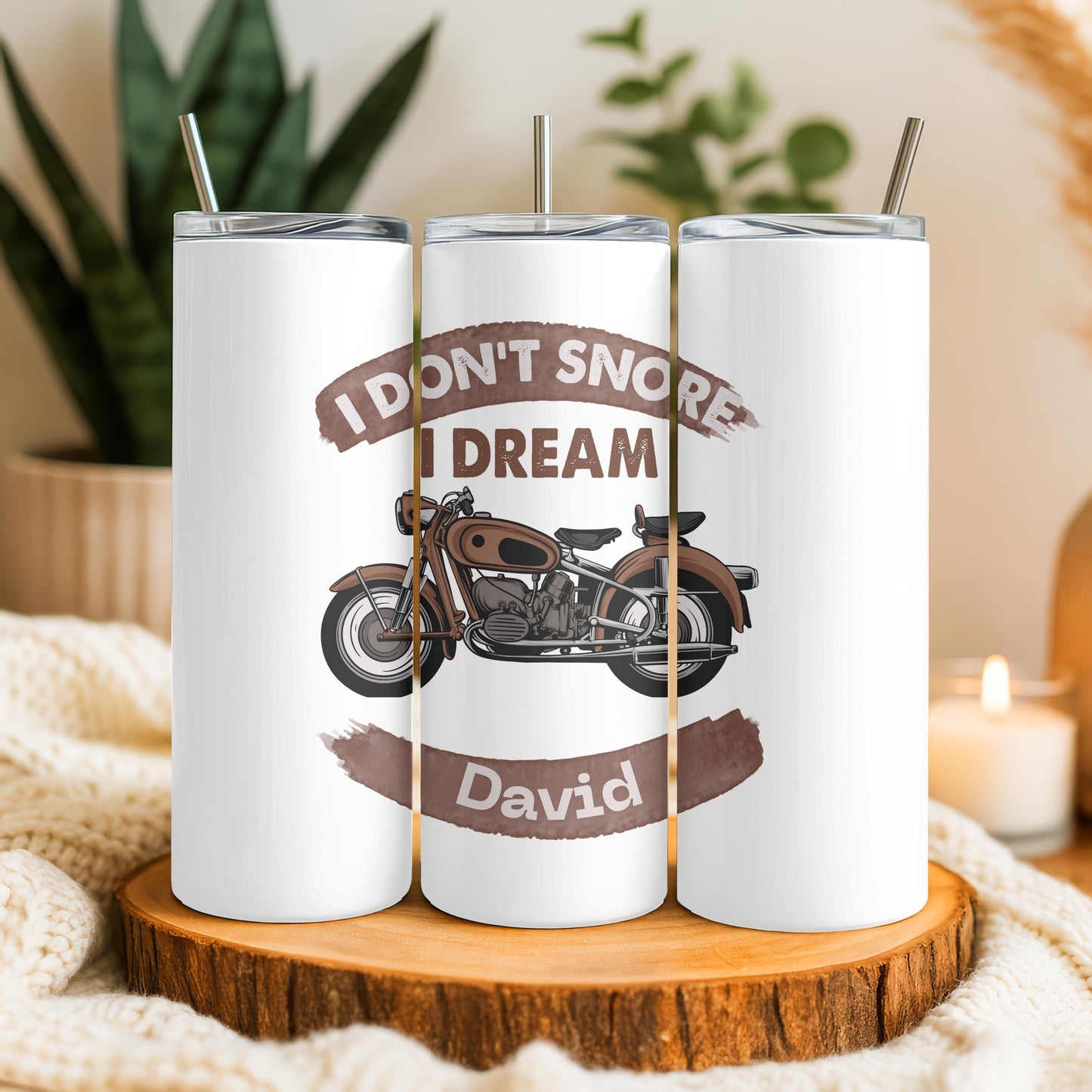 Personalized Funny Motorcycle Biker Gift for Men, Custom Name 20oz Skinny Tumbler, I Don't Snore I Dream Vintage Travel Mug