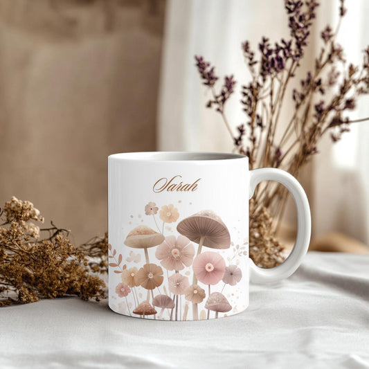 Personalized Mushroom Mug, Custom Name Floral Cottagecore Cup, Aesthetic Boho Fungi Coffee Mug, Botanical Gift for Her