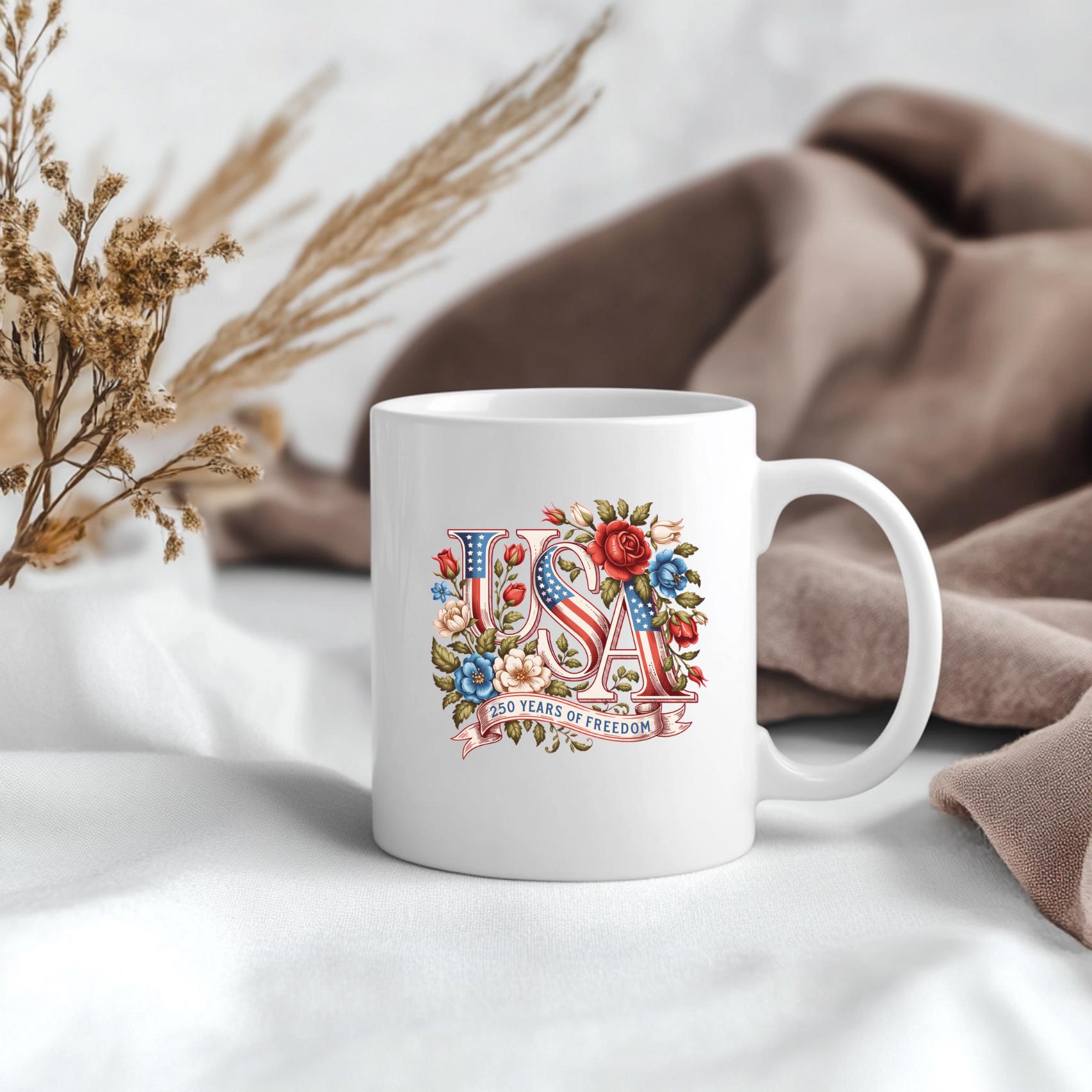 USA 250 Years of Freedom Patriotic Mug: 250th Anniversary America Coffee Cup, American Pride Ceramic Mug