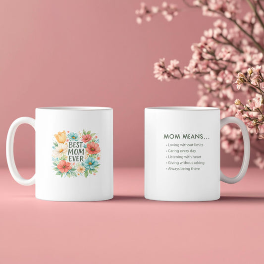 Best Mom Ever Floral Mug: Colorful Botanical Coffee Cup for Mother's Day, Pretty Flower Wreath Gift for Mom