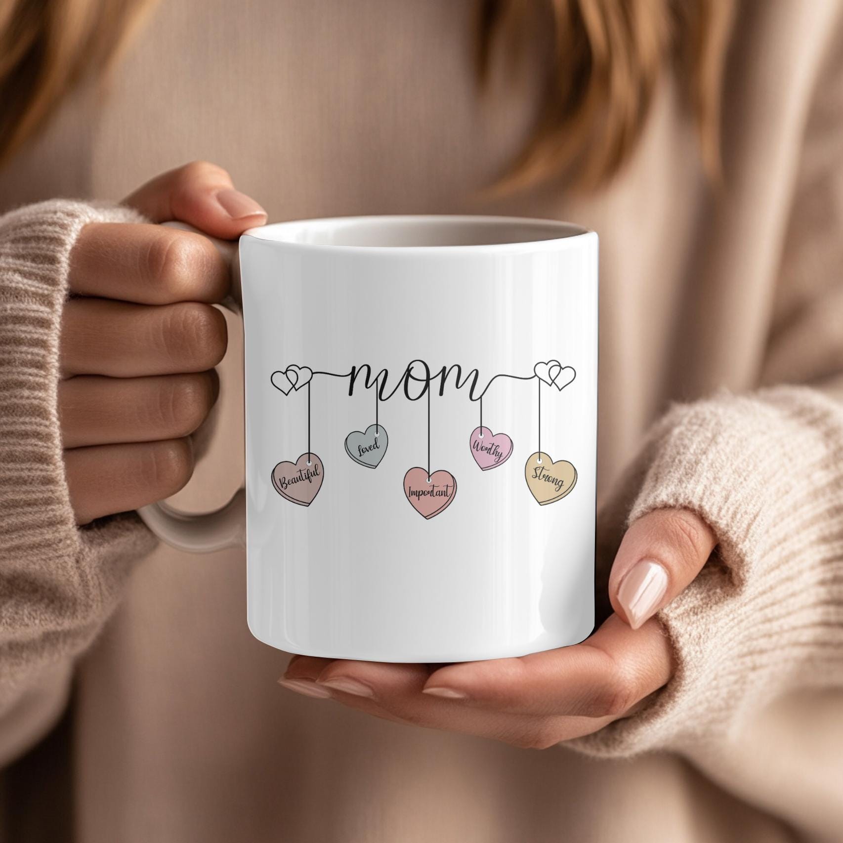 Personalized Mom Affirmation Mug: Meaningful Mother's Day Gift, Custom Name Coffee Cup with Inspirational Hearts