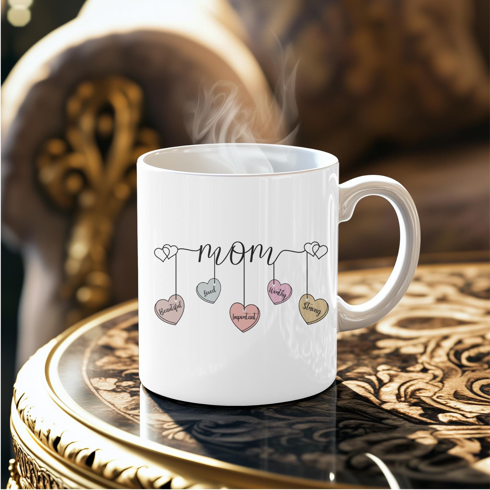 Personalized Mom Affirmation Mug: Meaningful Mother's Day Gift, Custom Name Coffee Cup with Inspirational Hearts