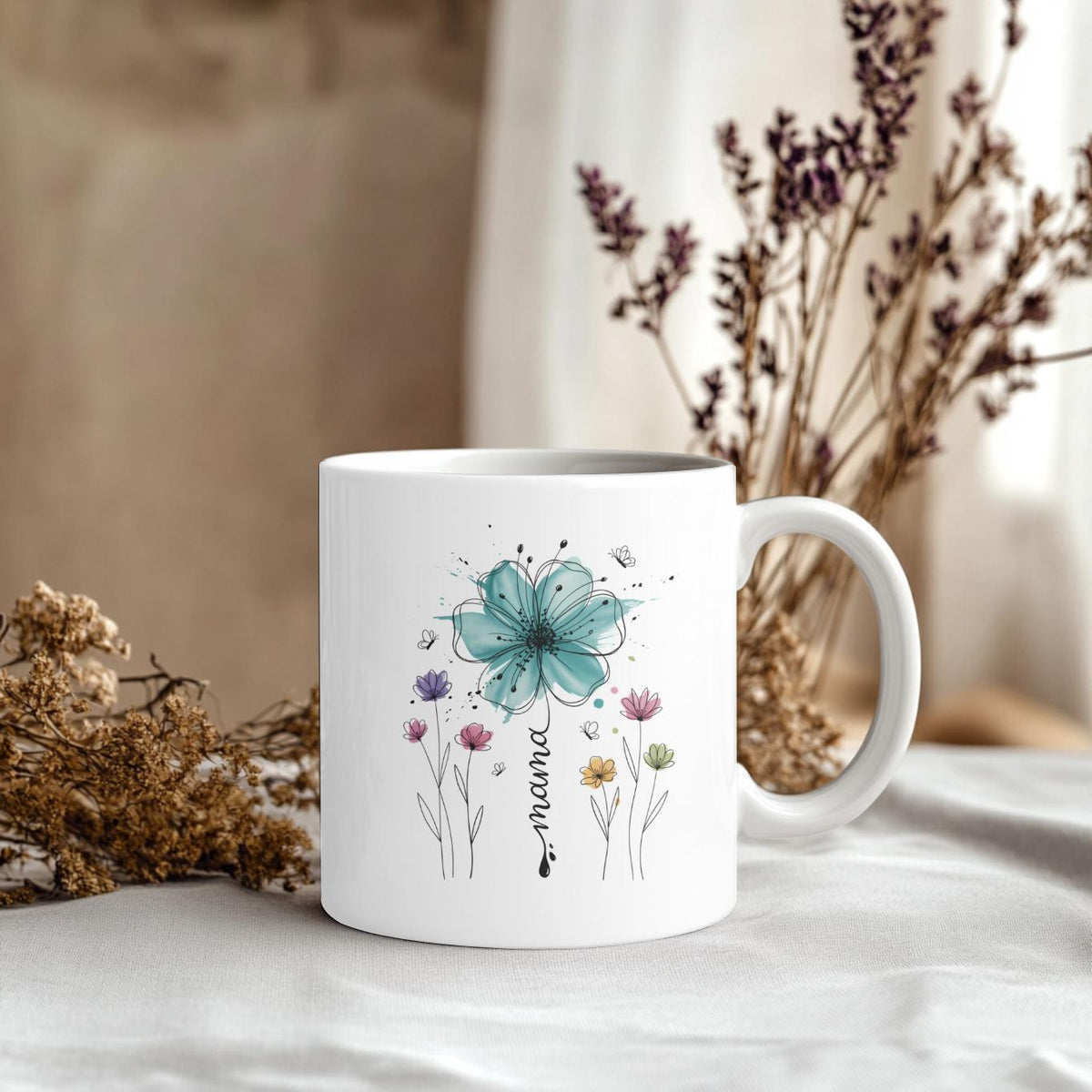 Personalized Floral Mama Mug, Aesthetic Watercolor Teal Flower Coffee Cup, Custom Botanical Mother’s Day Gift for Mom