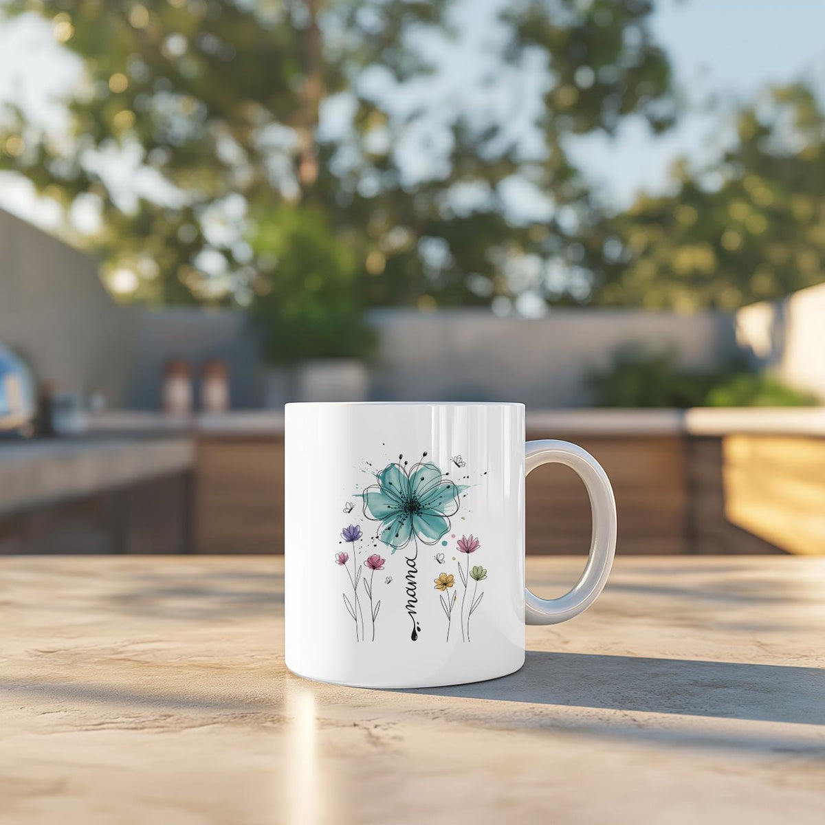 Personalized Floral Mama Mug, Aesthetic Watercolor Teal Flower Coffee Cup, Custom Botanical Mother’s Day Gift for Mom