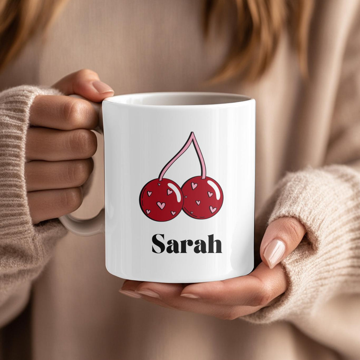 Personalized Cherry Mug with Custom Name, Cute Heart Pattern Fruit Coffee Cup, Aesthetic Coquette Gift for Her
