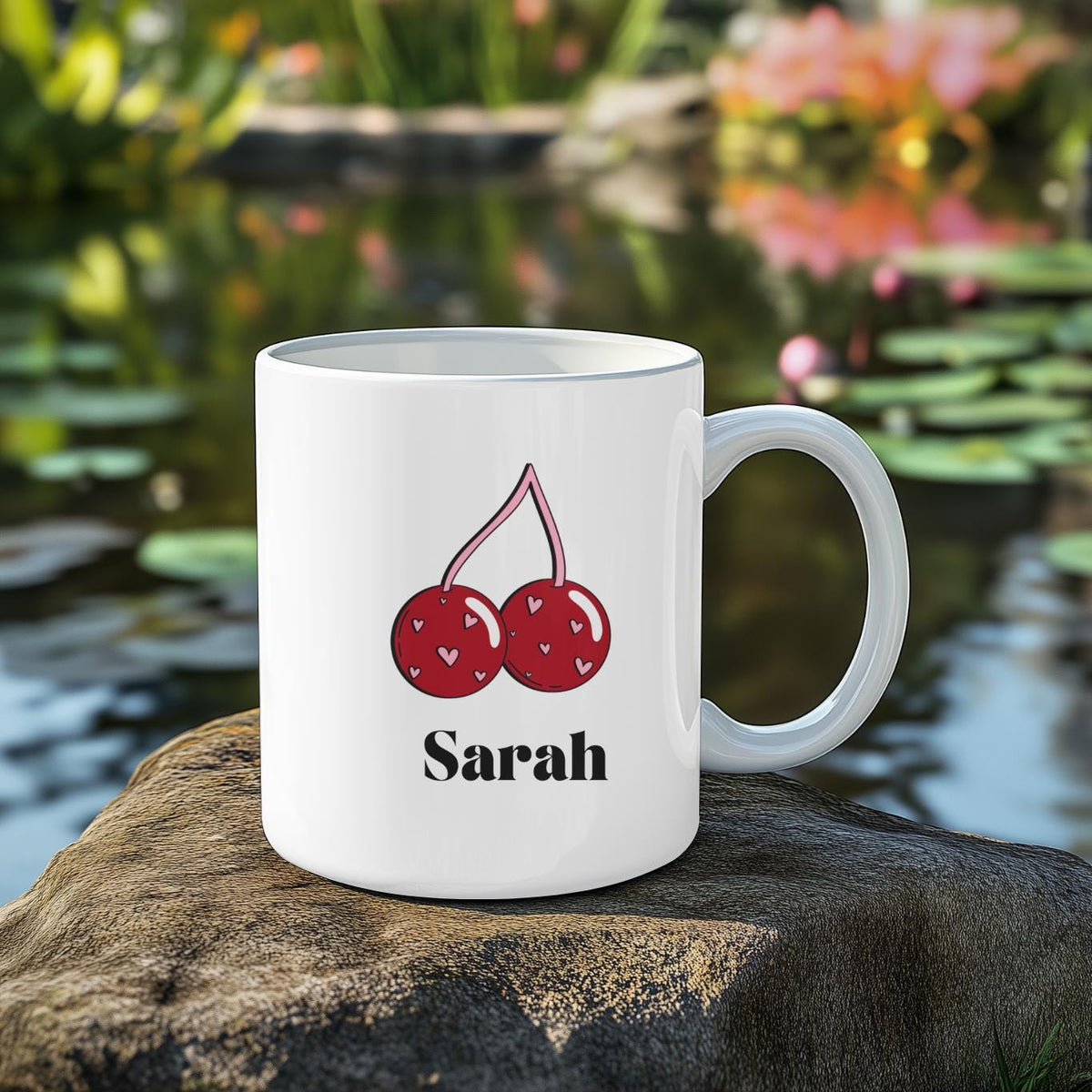 Personalized Cherry Mug with Custom Name, Cute Heart Pattern Fruit Coffee Cup, Aesthetic Coquette Gift for Her
