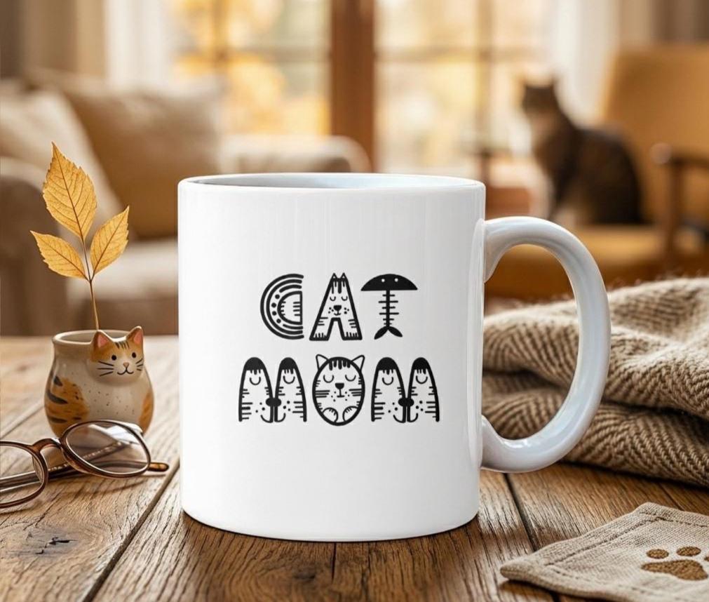 Cat Mom Mug Mother's Day Gift, Cute Cat Lettering Coffee Cup, Gift for Cat Lovers, Kitten Mama Birthday Present
