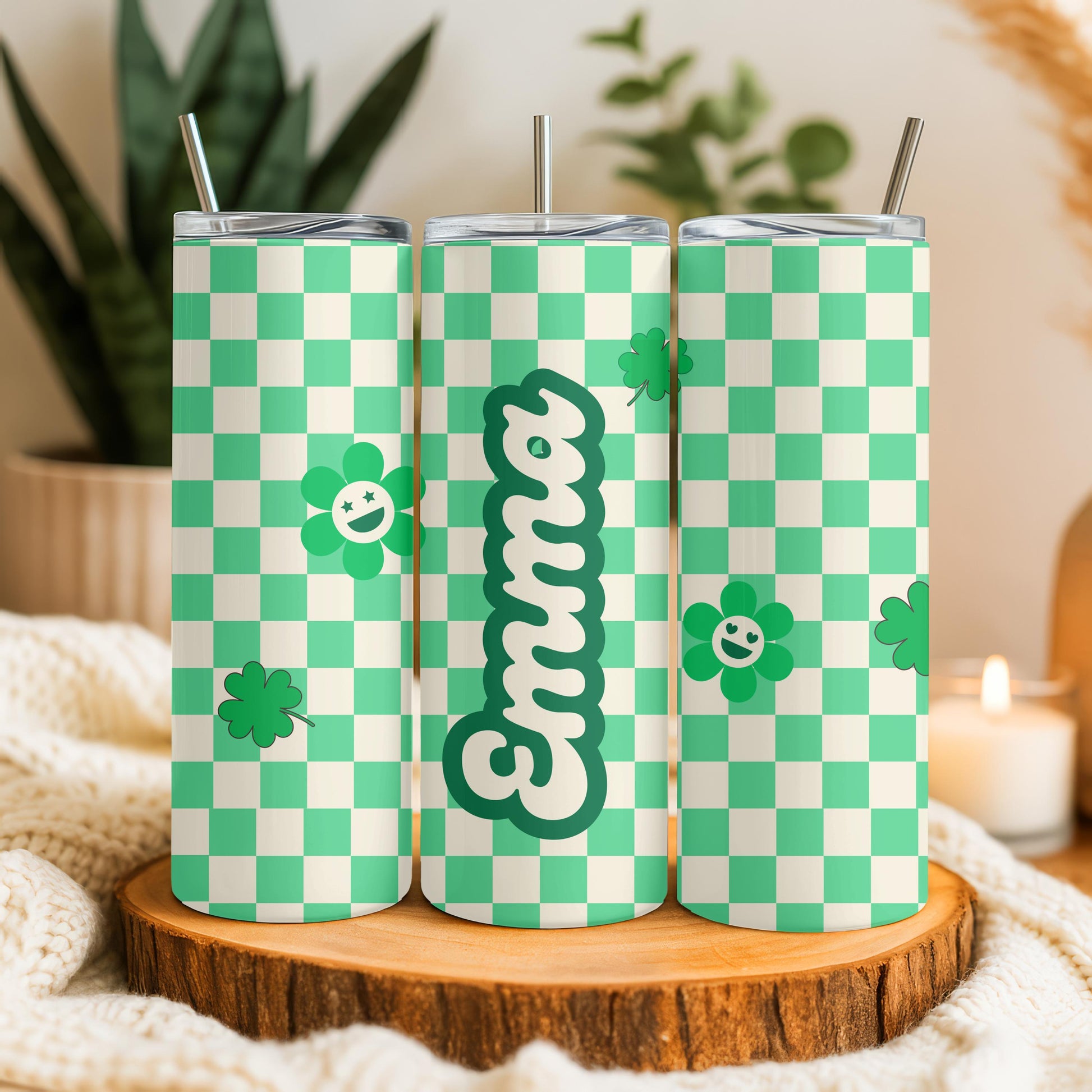 Personalized St Patrick's Day Tumbler, Green Checkerboard Mama Cup, Retro Lucky Shamrock Gift for Her, 20oz Skinny Tumbler