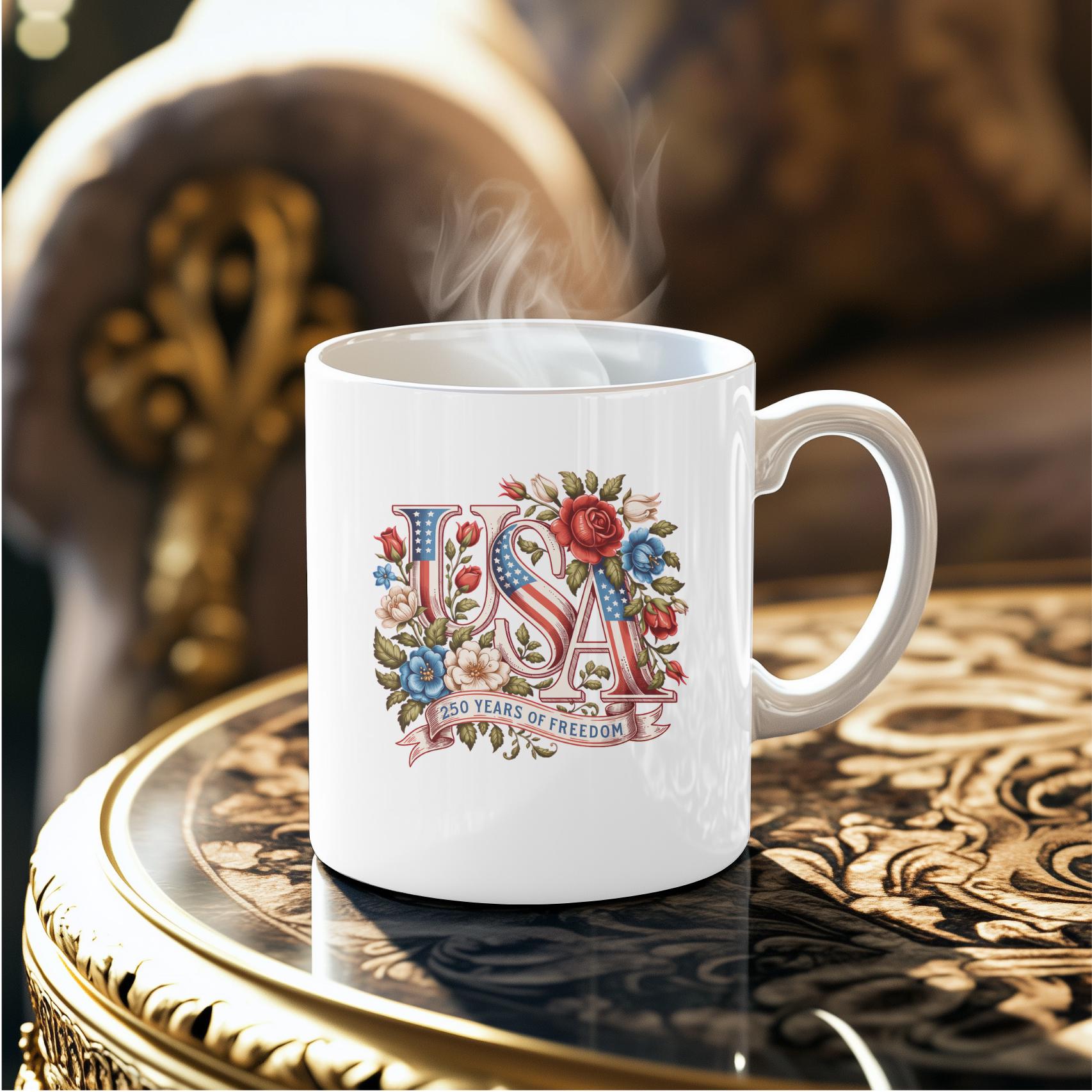 USA 250 Years of Freedom Patriotic Mug: 250th Anniversary America Coffee Cup, American Pride Ceramic Mug