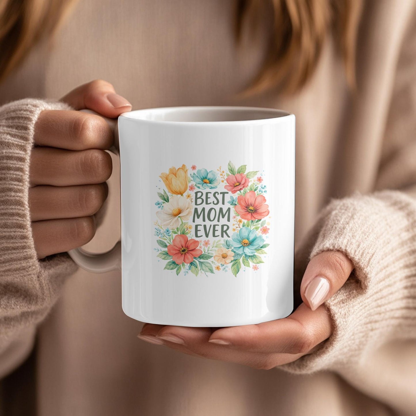 Best Mom Ever Floral Mug: Colorful Botanical Coffee Cup for Mother's Day, Pretty Flower Wreath Gift for Mom