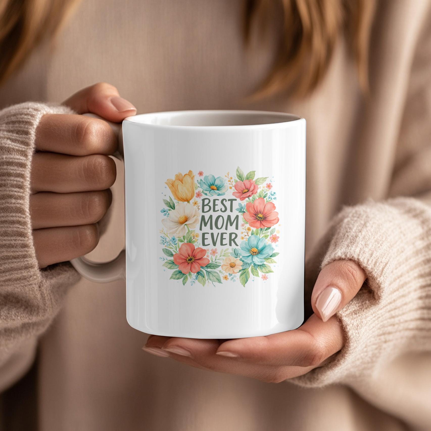 Best Mom Ever Floral Mug: Colorful Botanical Coffee Cup for Mother's Day, Pretty Flower Wreath Gift for Mom