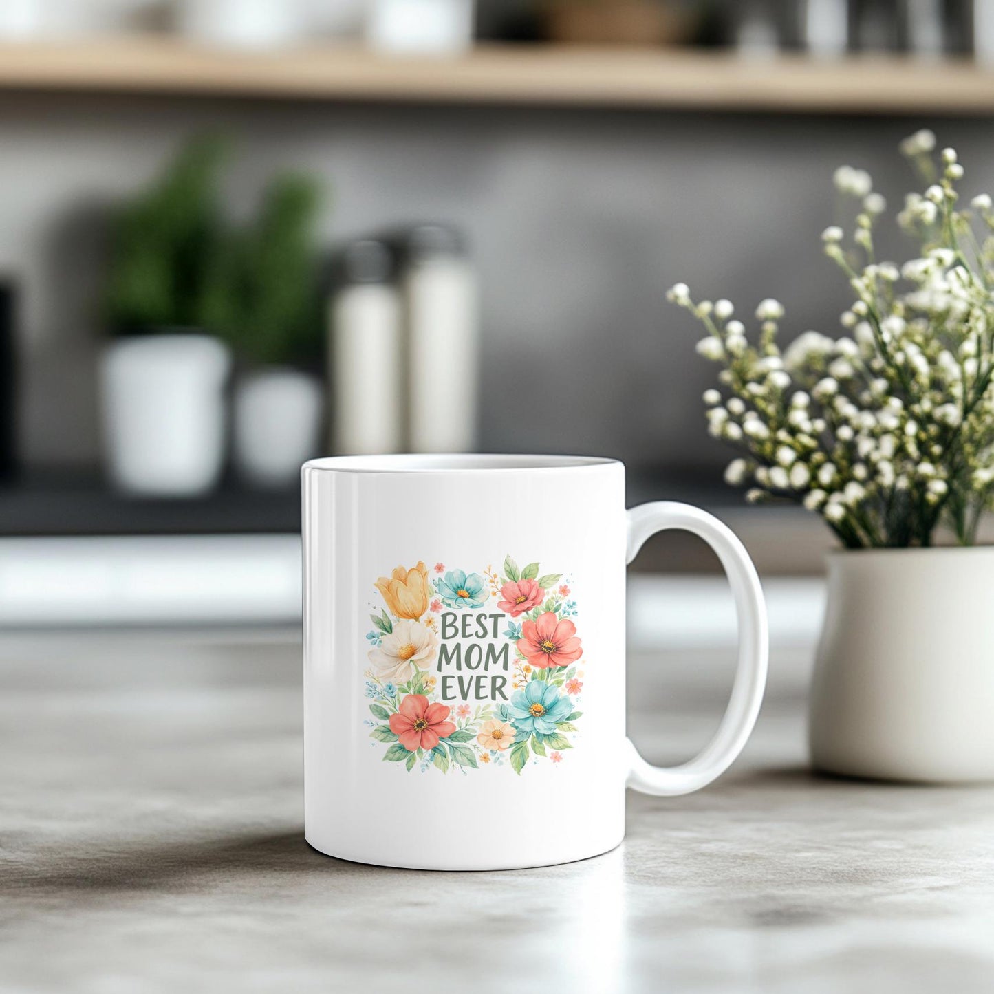 Best Mom Ever Floral Mug: Colorful Botanical Coffee Cup for Mother's Day, Pretty Flower Wreath Gift for Mom