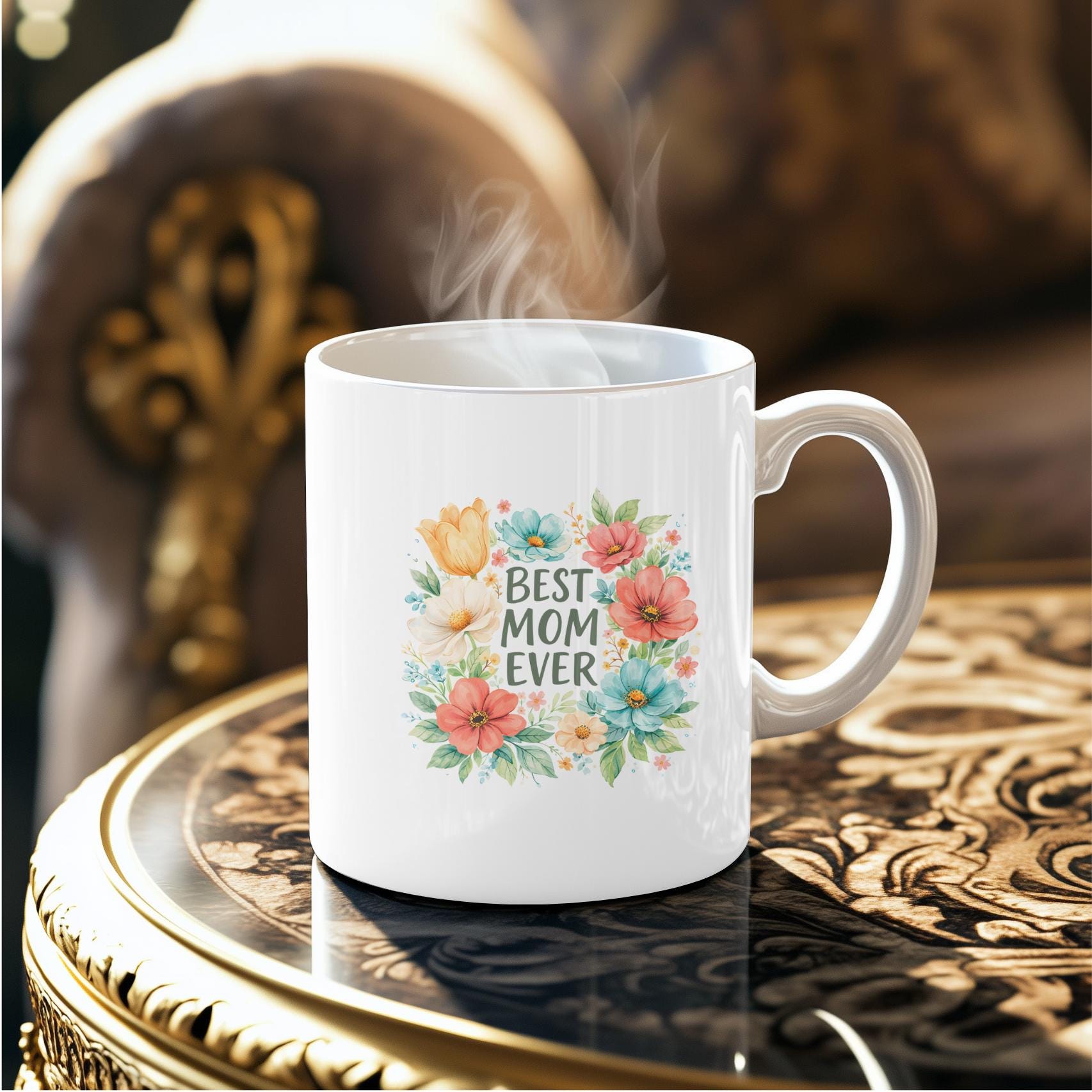 Best Mom Ever Floral Mug: Colorful Botanical Coffee Cup for Mother's Day, Pretty Flower Wreath Gift for Mom