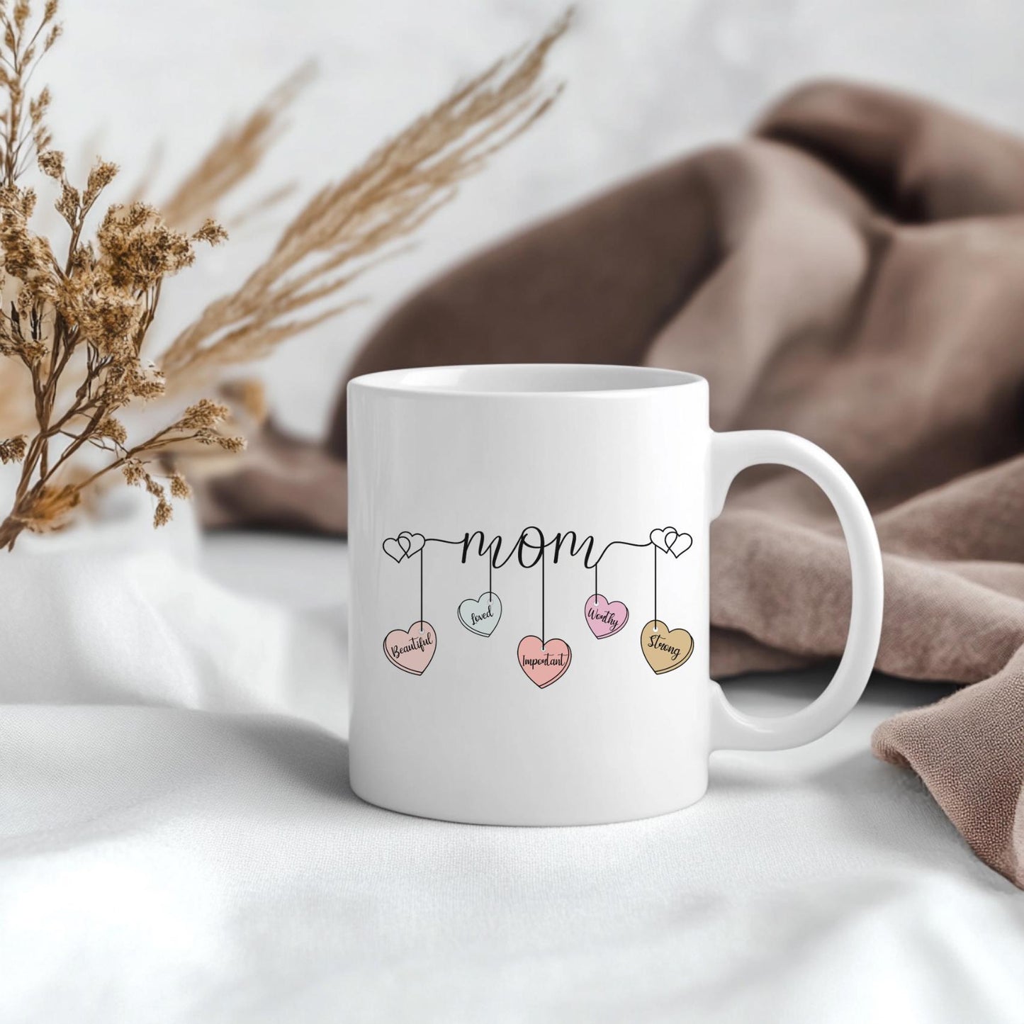 Personalized Mom Affirmation Mug: Meaningful Mother's Day Gift, Custom Name Coffee Cup with Inspirational Hearts