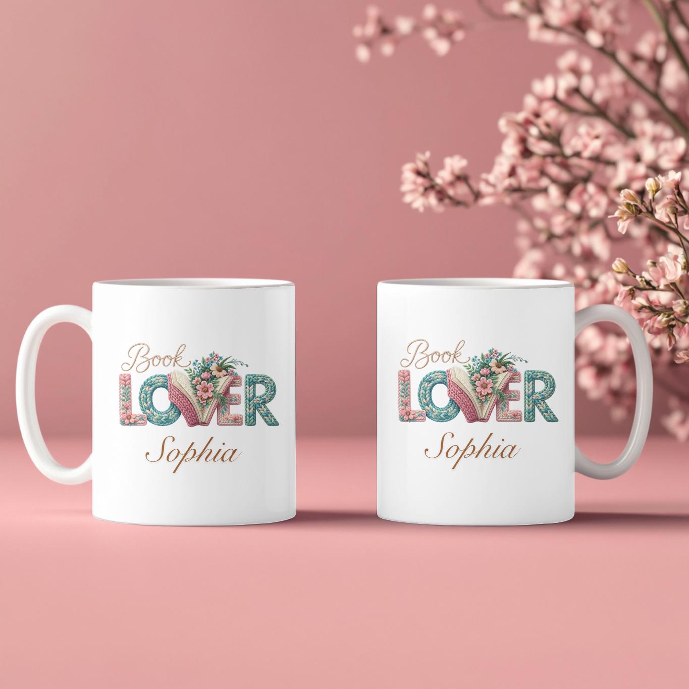 Personalized Book Lover Mug: Custom Name Reader Gift for Her, Aesthetic Floral Bibliophile Coffee Cup, Cozy Knitted Style Bookish Gift