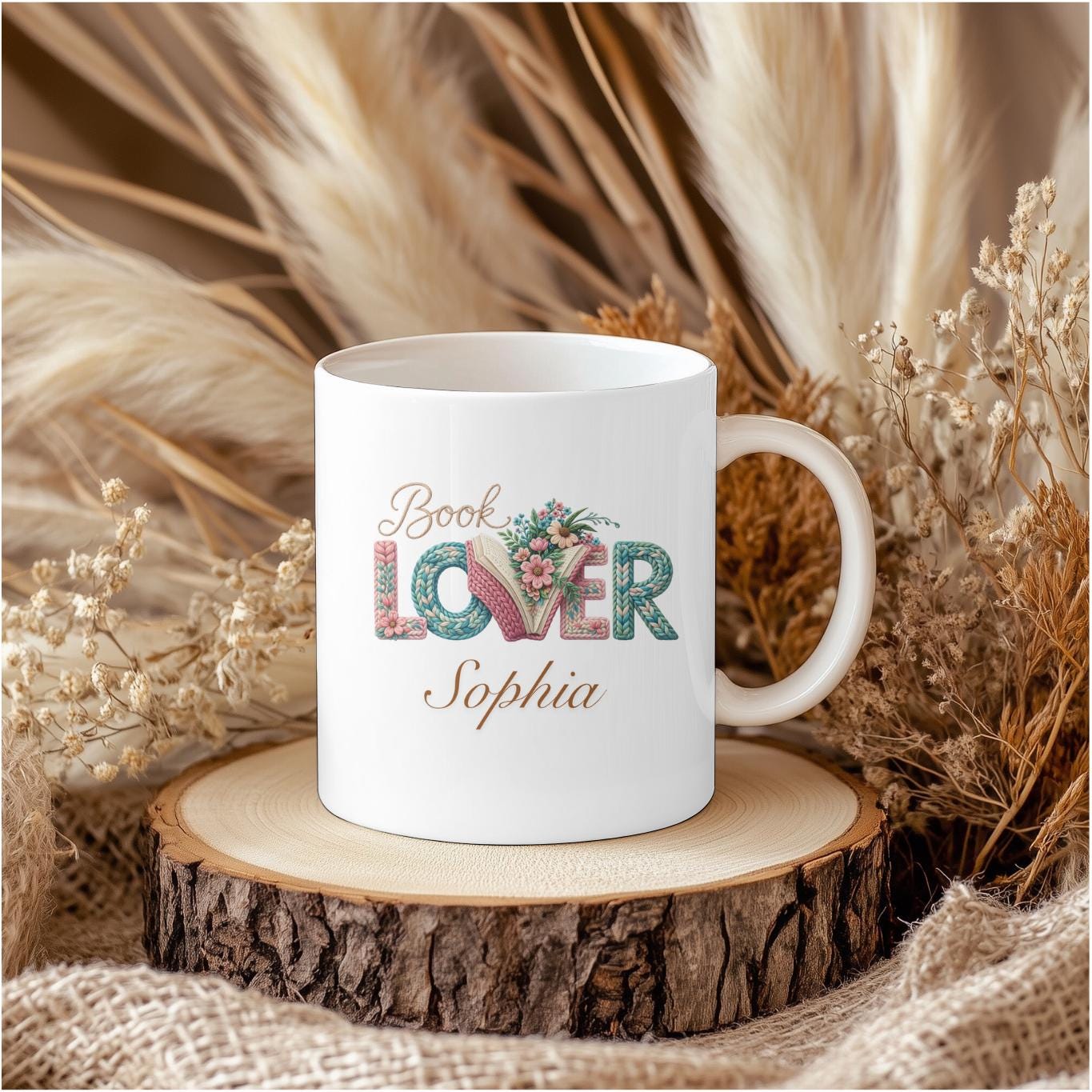 Personalized Book Lover Mug: Custom Name Reader Gift for Her, Aesthetic Floral Bibliophile Coffee Cup, Cozy Knitted Style Bookish Gift