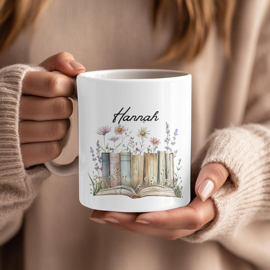 Personalized Floral Book Lover Mug: Custom Name Bibliophile Gift for Her, Aesthetic Botanical Reading Coffee Cup