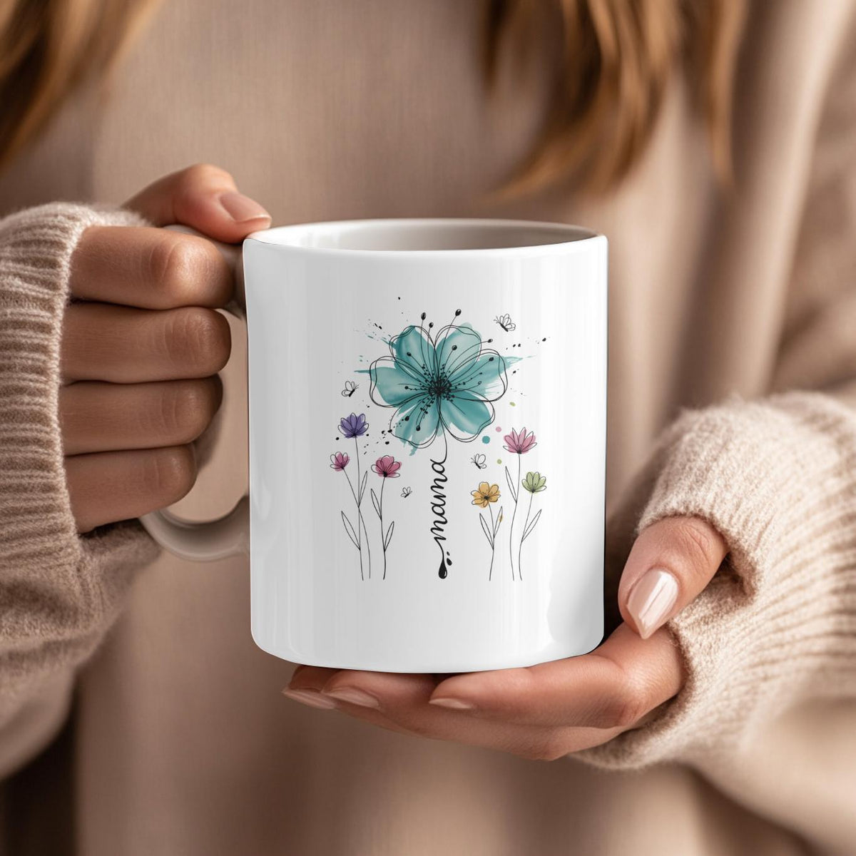 Personalized Floral Mama Mug, Aesthetic Watercolor Teal Flower Coffee Cup, Custom Botanical Mother’s Day Gift for Mom