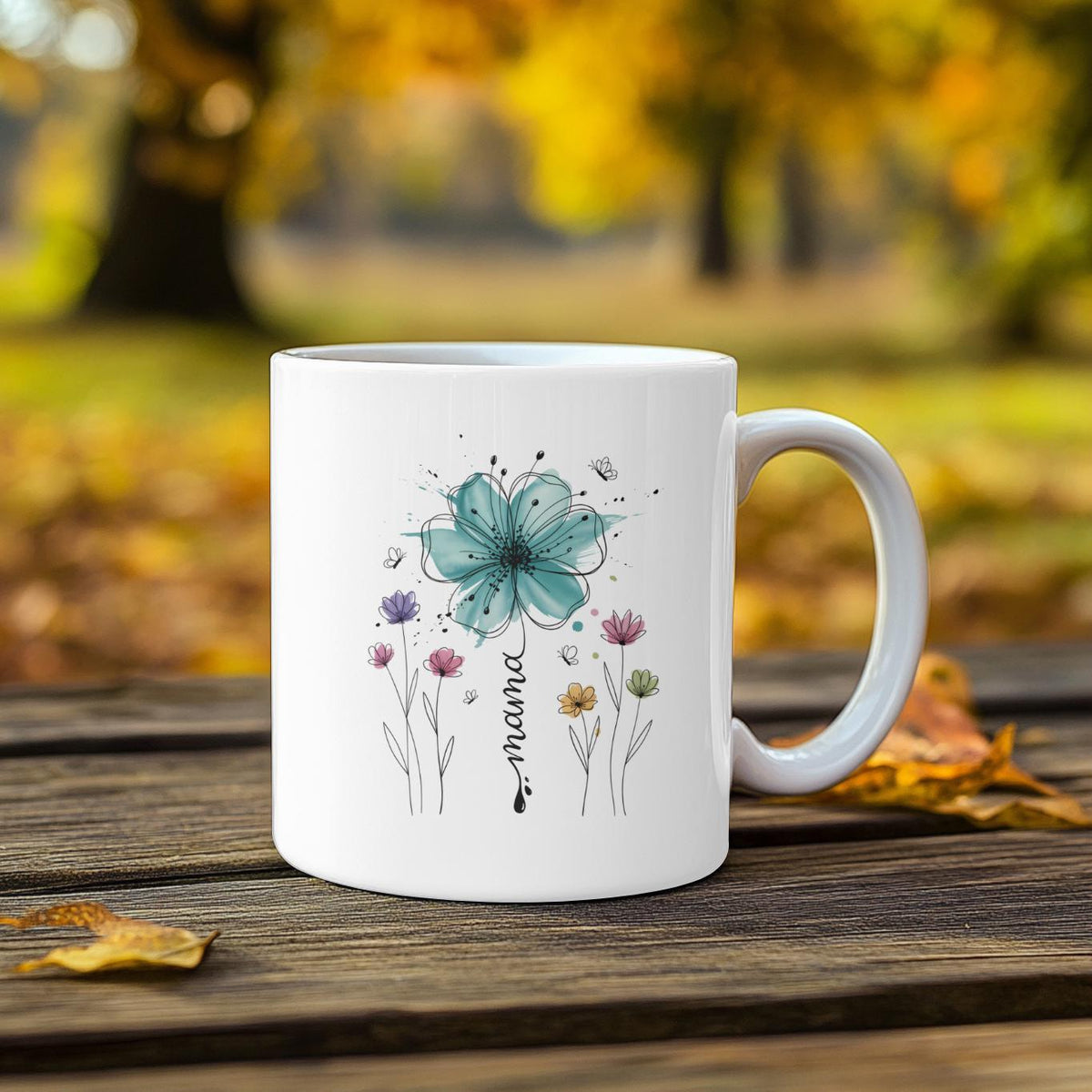 Personalized Floral Mama Mug, Aesthetic Watercolor Teal Flower Coffee Cup, Custom Botanical Mother’s Day Gift for Mom