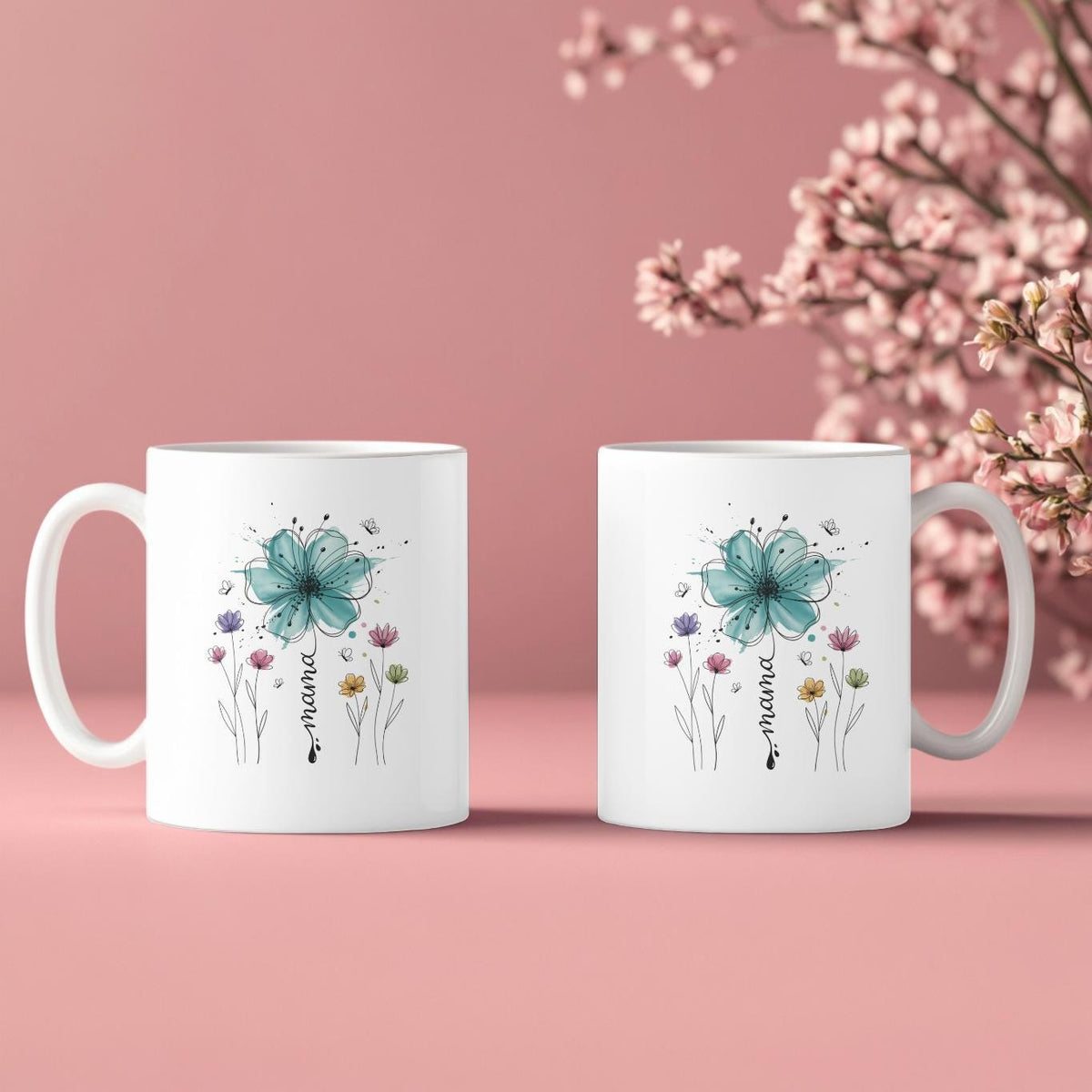 Personalized Floral Mama Mug, Aesthetic Watercolor Teal Flower Coffee Cup, Custom Botanical Mother’s Day Gift for Mom
