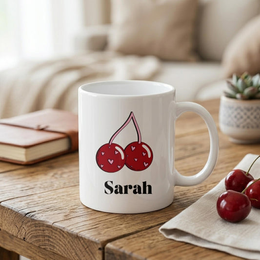 Personalized Cherry Mug with Custom Name, Cute Heart Pattern Fruit Coffee Cup, Aesthetic Coquette Gift for Her