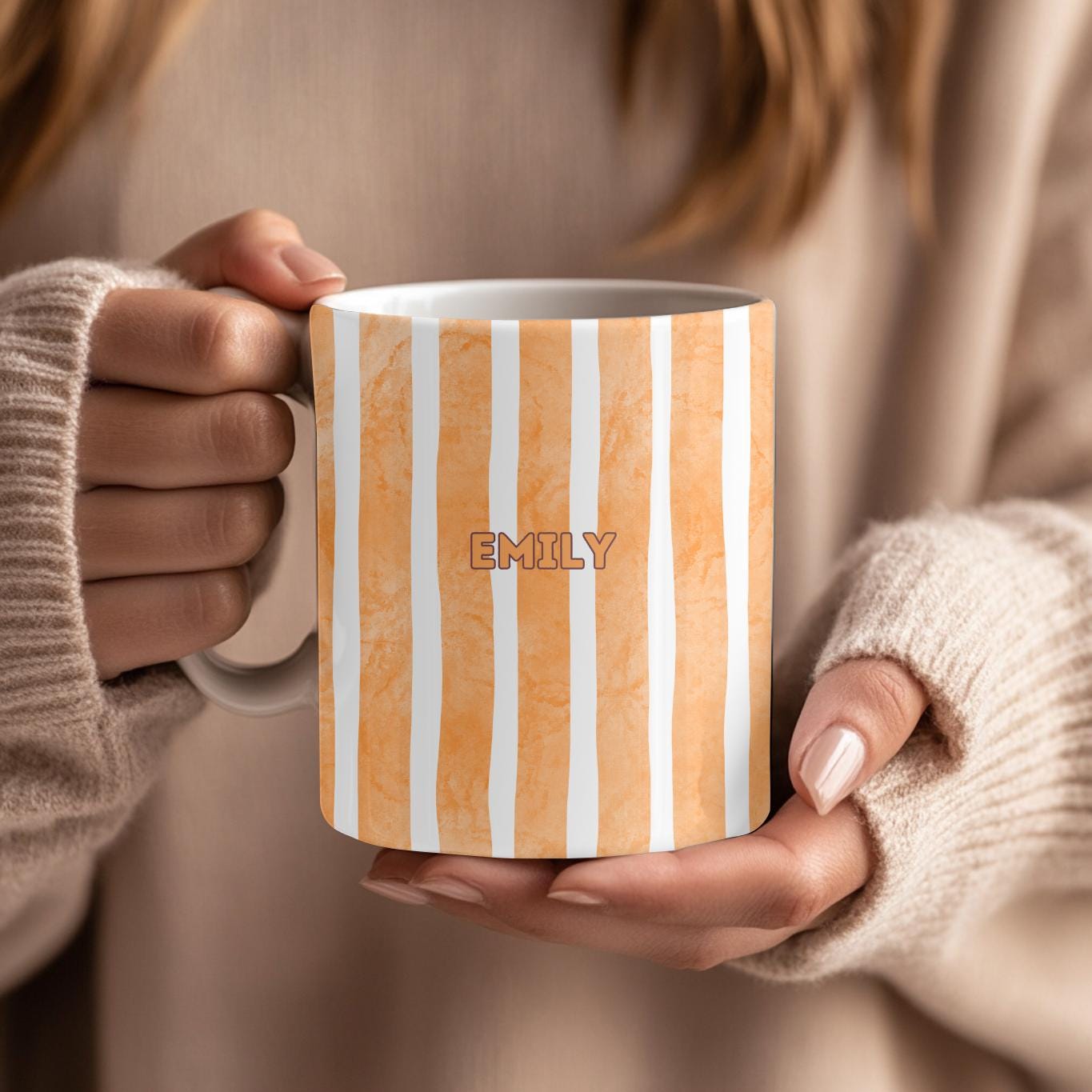 Personalized Striped Mug: Custom Name Watercolor Ceramic Coffee Cup, Minimalist Aesthetic Gift for Her, Striped Pottery Style Mug
