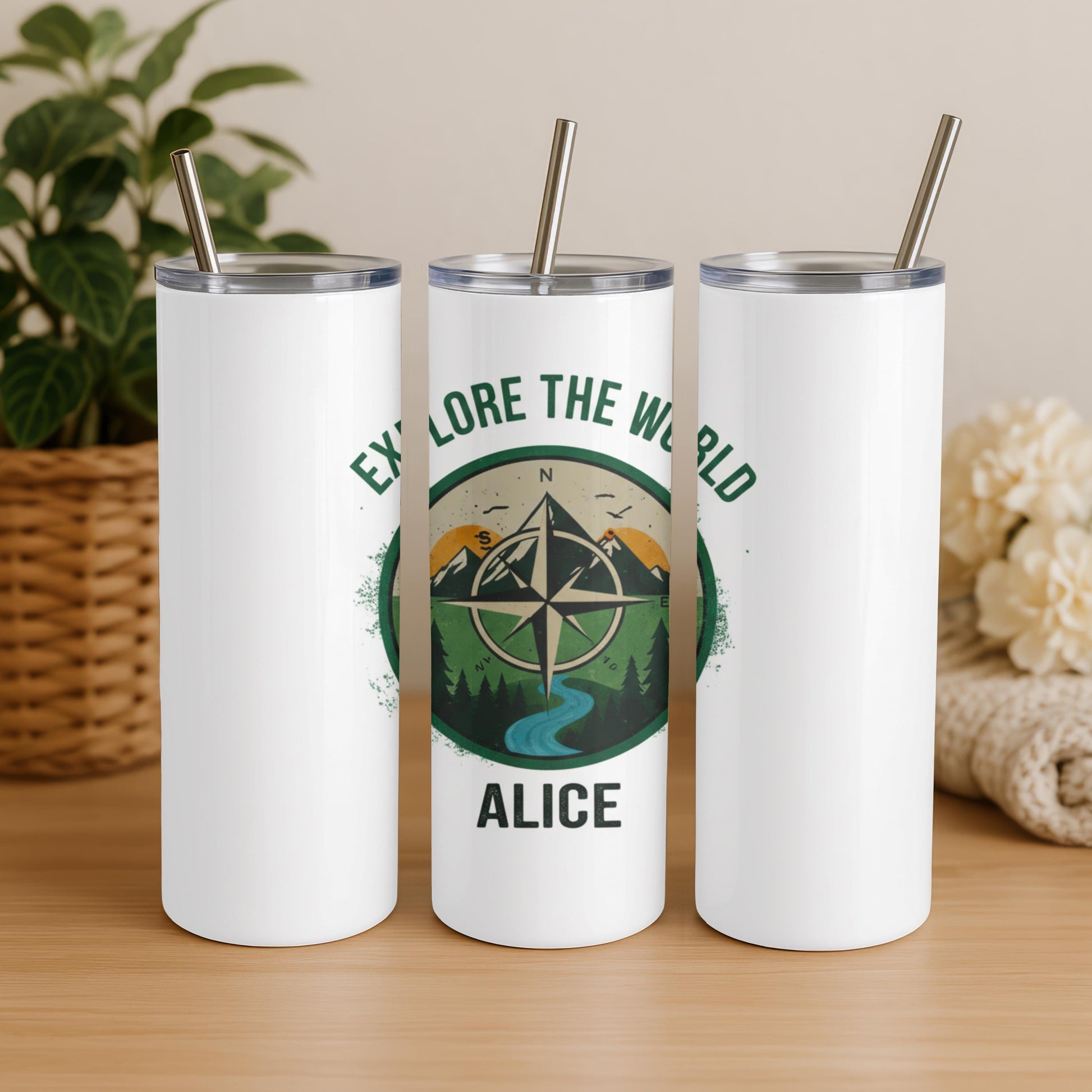Explore the world 20 oz Skinny Camper Tumbler: Personalized Adventure Gift Outdoor Lover Tumbler