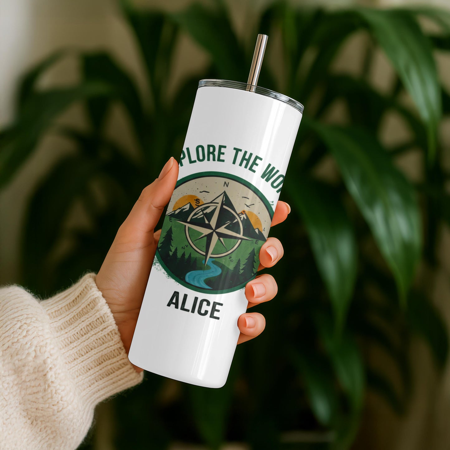 Explore the world 20 oz Skinny Camper Tumbler: Personalized Adventure Gift Outdoor Lover Tumbler
