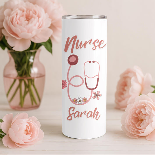 Nurse Tumbler: Personalized Floral Nurse Gift, 20oz Skinny Tumbler, Stethoscope Coffee Travel Cup, Nurse Week gift
