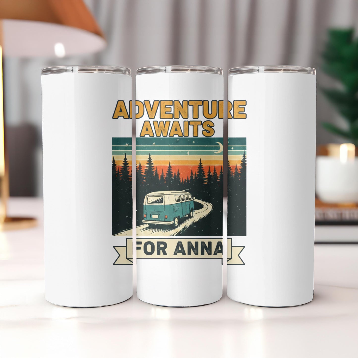 Adventure Awaits Custom Name Coffee Tumbler: 20oz Skinny Steel Tumbler, Personalized Camping Tumbler