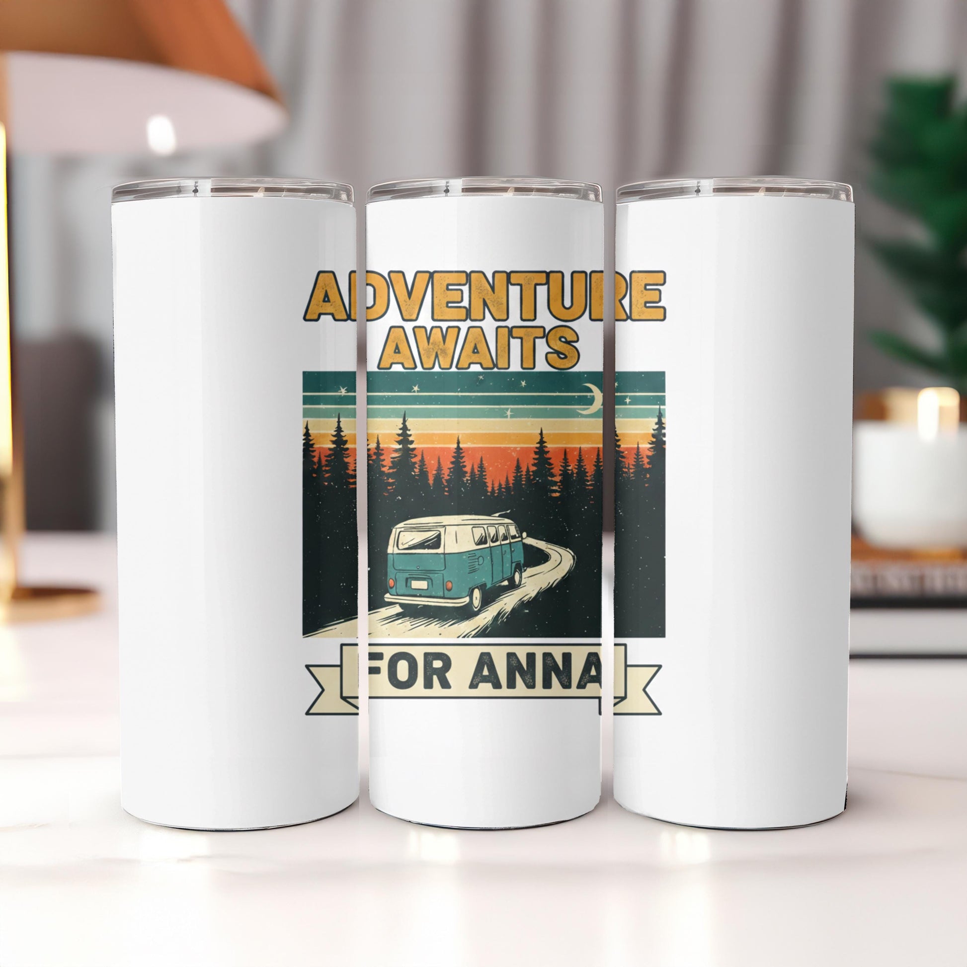 Adventure Awaits Custom Name Coffee Tumbler: 20oz Skinny Steel Tumbler, Personalized Camping Tumbler
