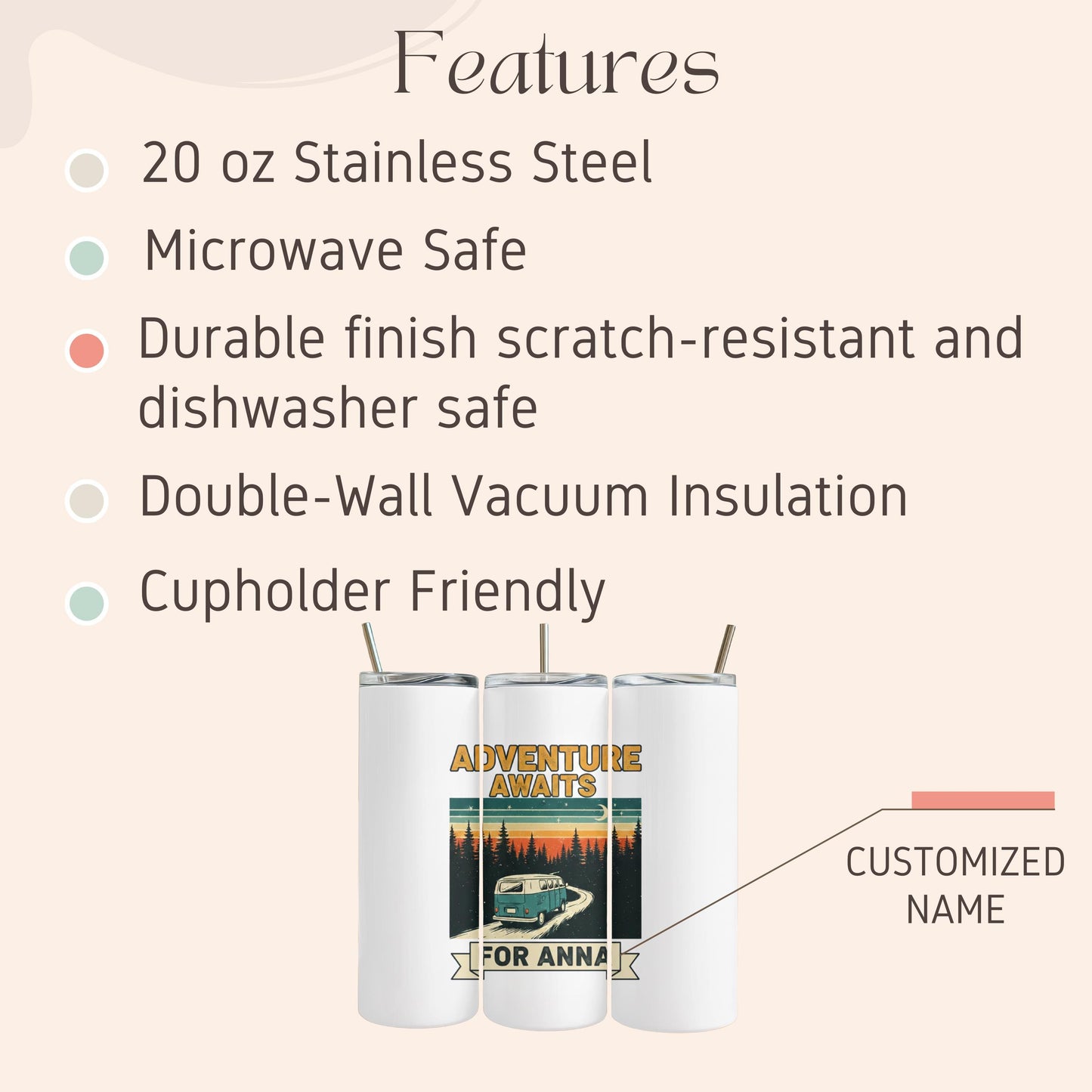 Adventure Awaits Custom Name Coffee Tumbler: 20oz Skinny Steel Tumbler, Personalized Camping Tumbler