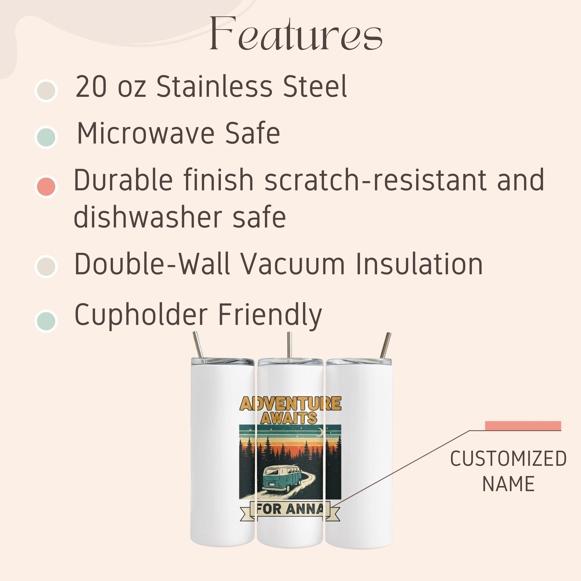 Adventure Awaits Custom Name Coffee Tumbler: 20oz Skinny Steel Tumbler, Personalized Camping Tumbler